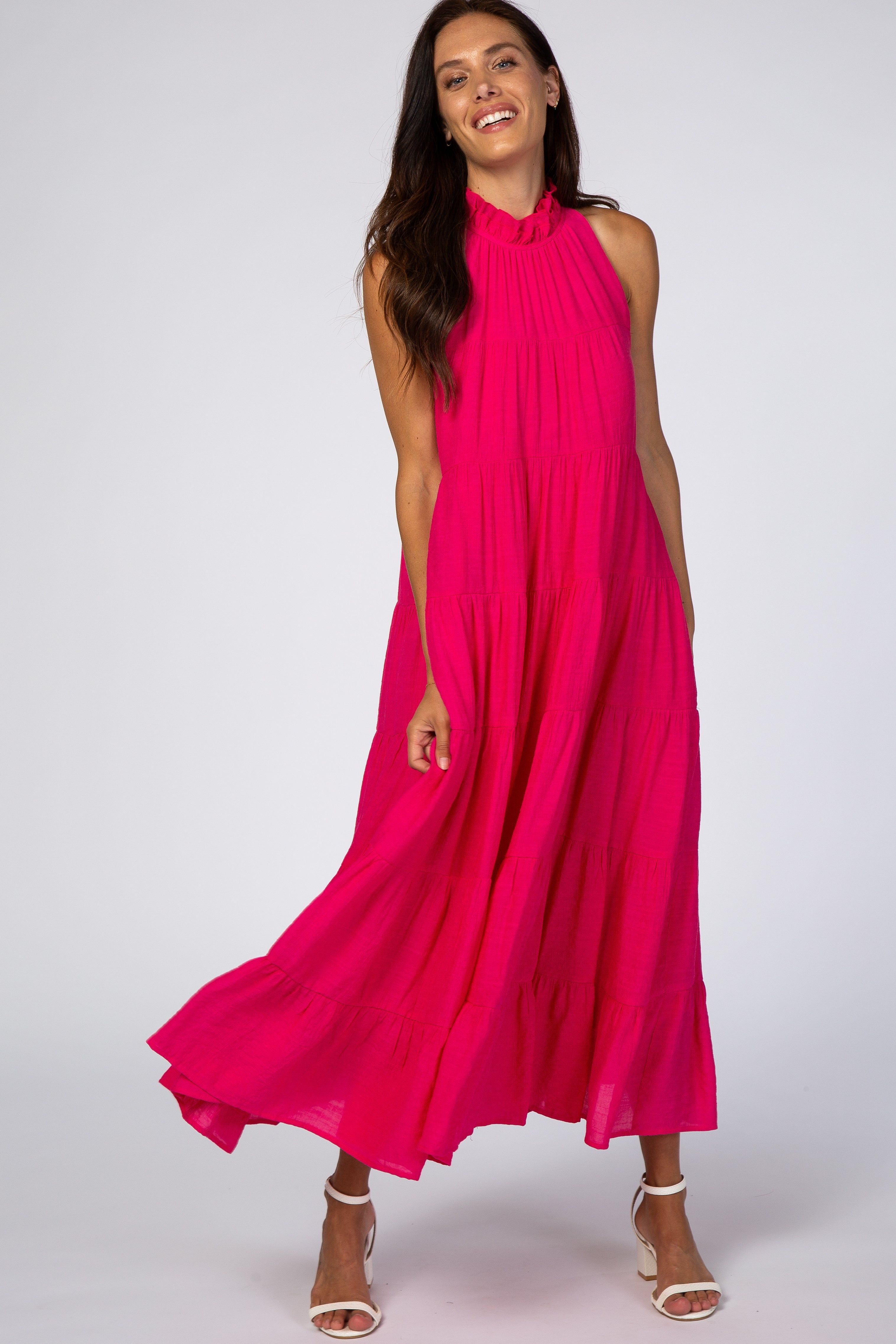Fuchsia Tiered High Neck Maxi Dress sold by Pinkblush
