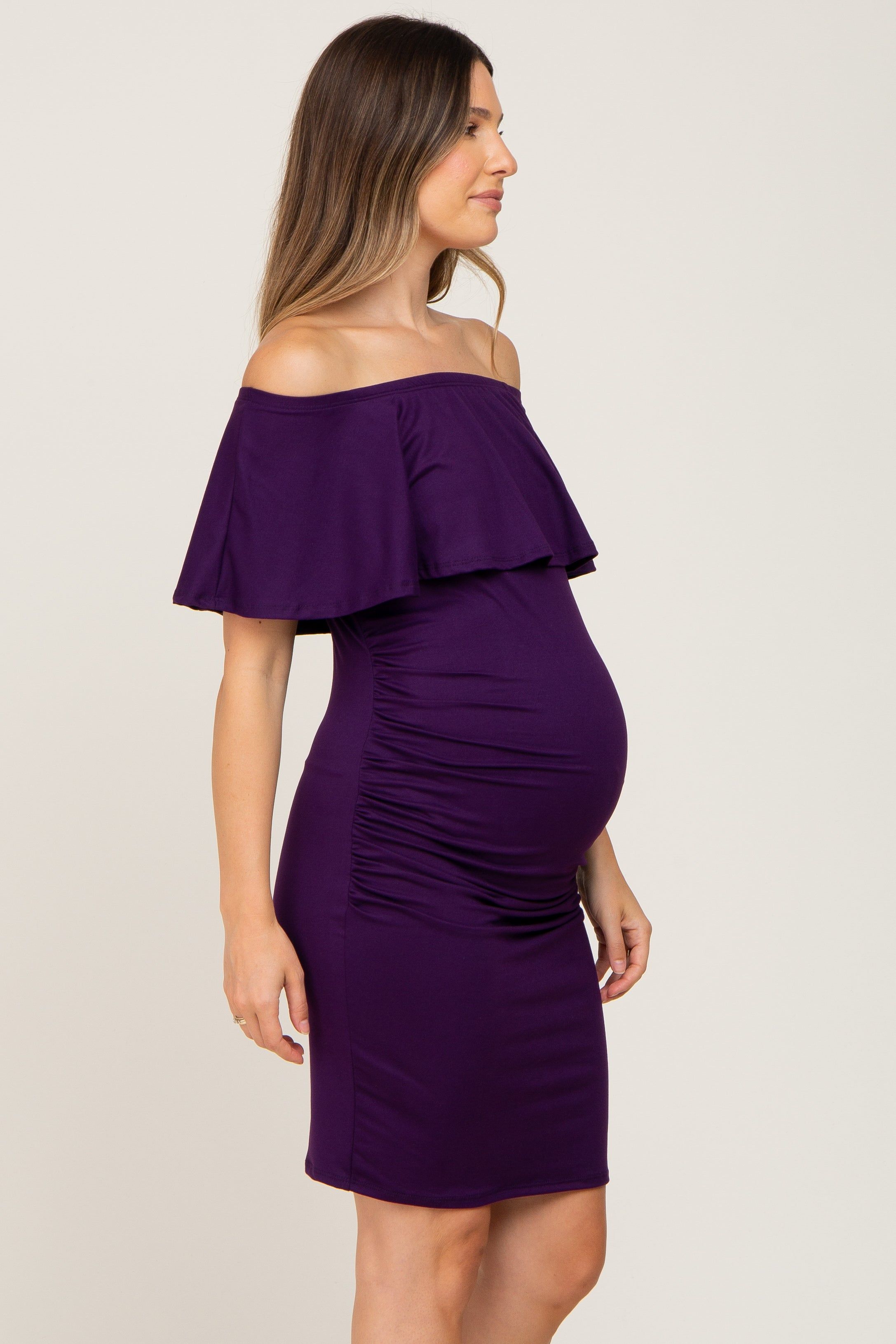 Purple Off Shoulder Fitted Maternity Dress sold by Pinkblush product image thumbnail 3