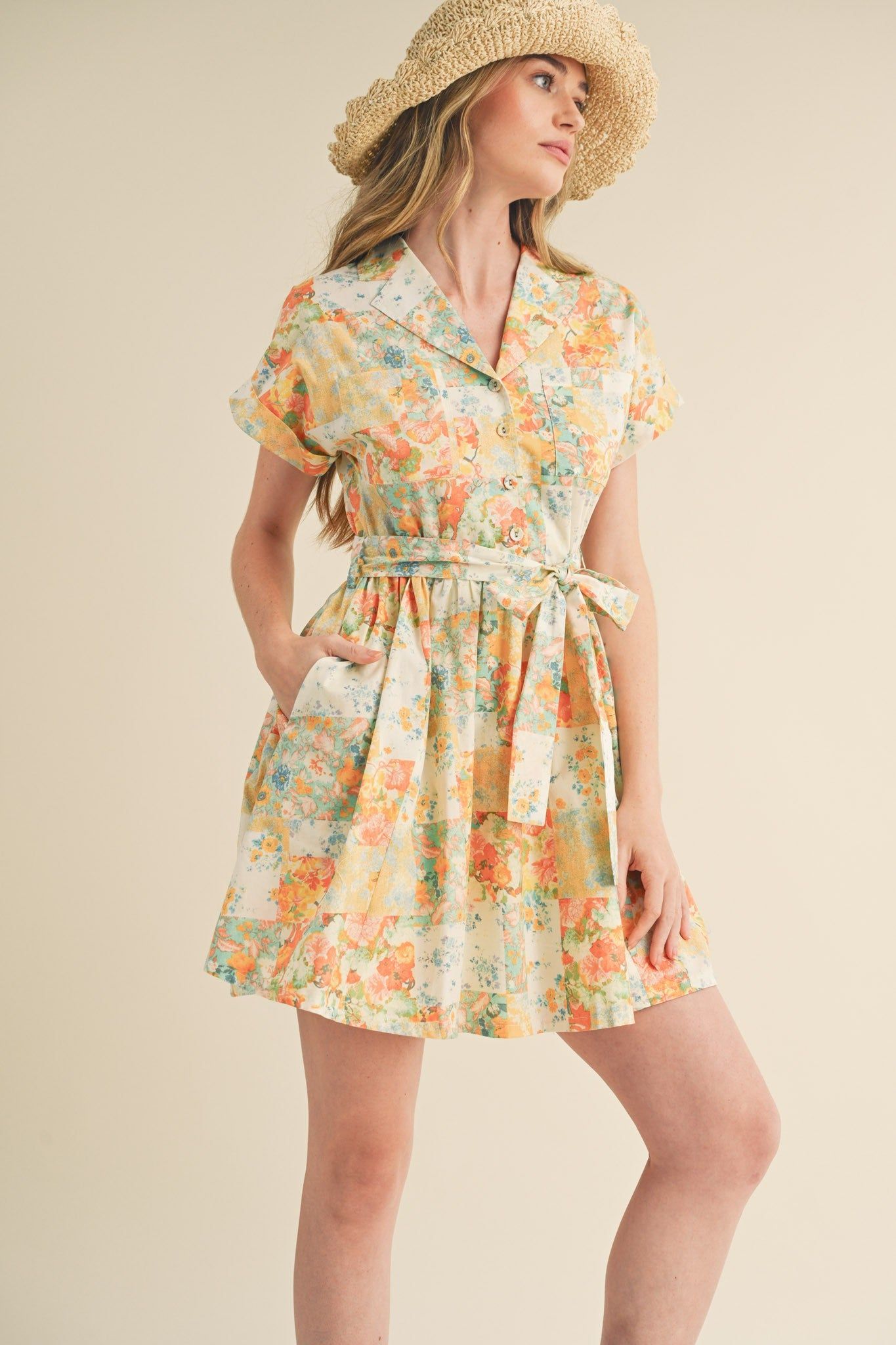 Coral Multi Floral Button Down Short Sleeve Mini Dress sold by Pinkblush product image thumbnail 3