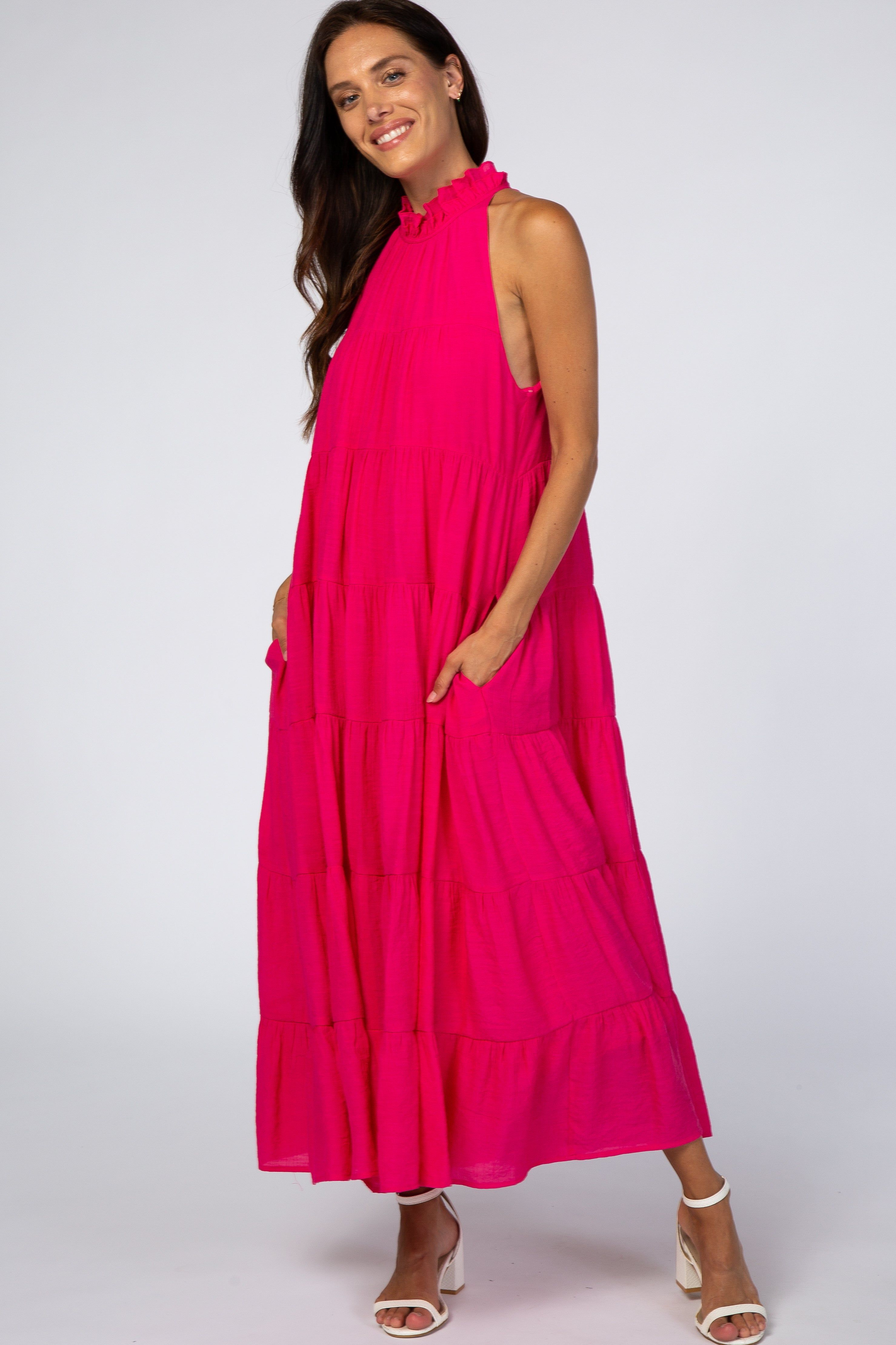 Fuchsia Tiered High Neck Maxi Dress sold by Pinkblush product image thumbnail 5