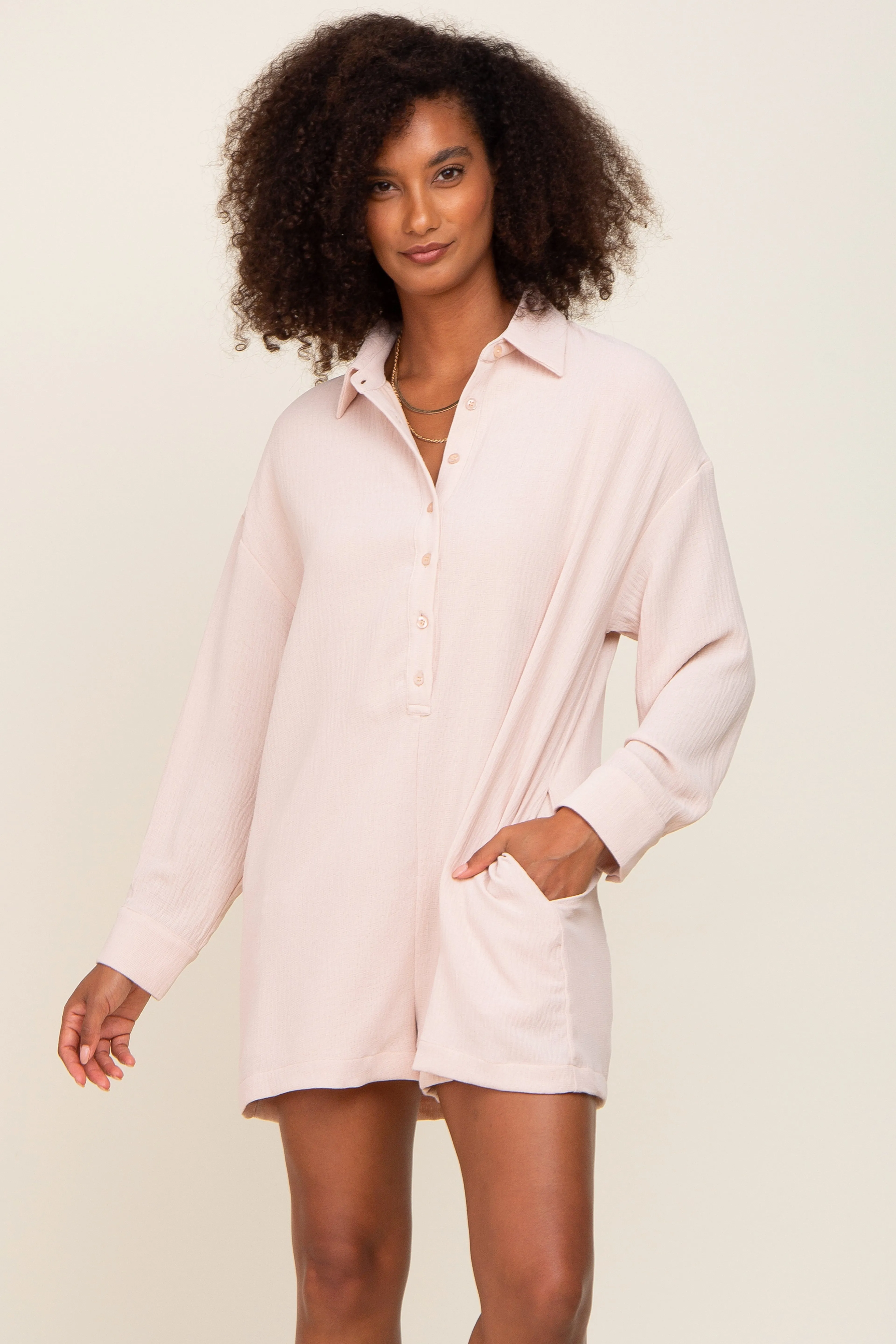 Beige Long Sleeve Button Down Romper sold by Pinkblush product image thumbnail 2
