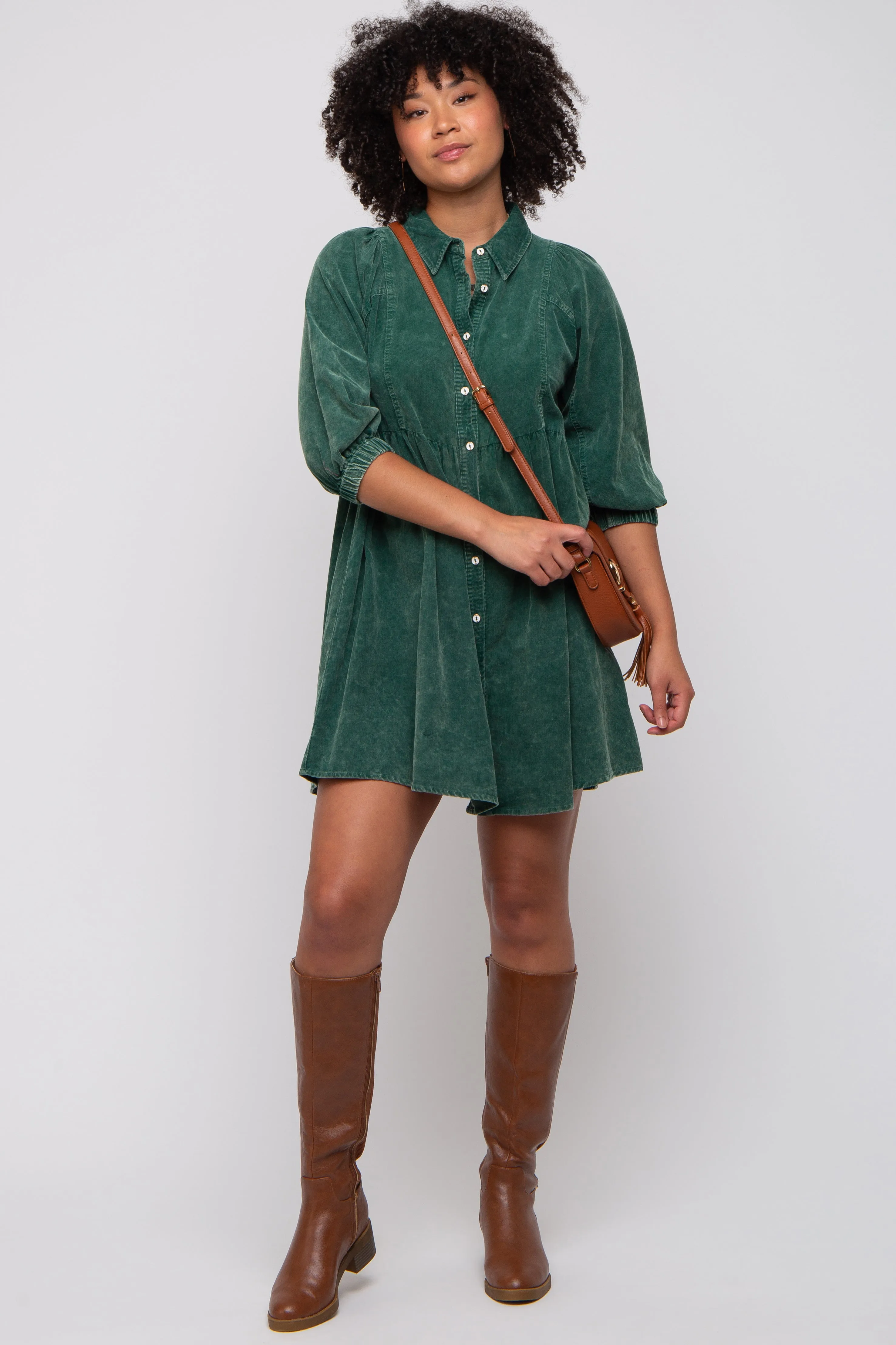 Green Corduroy Button Down Collared Dress sold by Pinkblush product image thumbnail 5