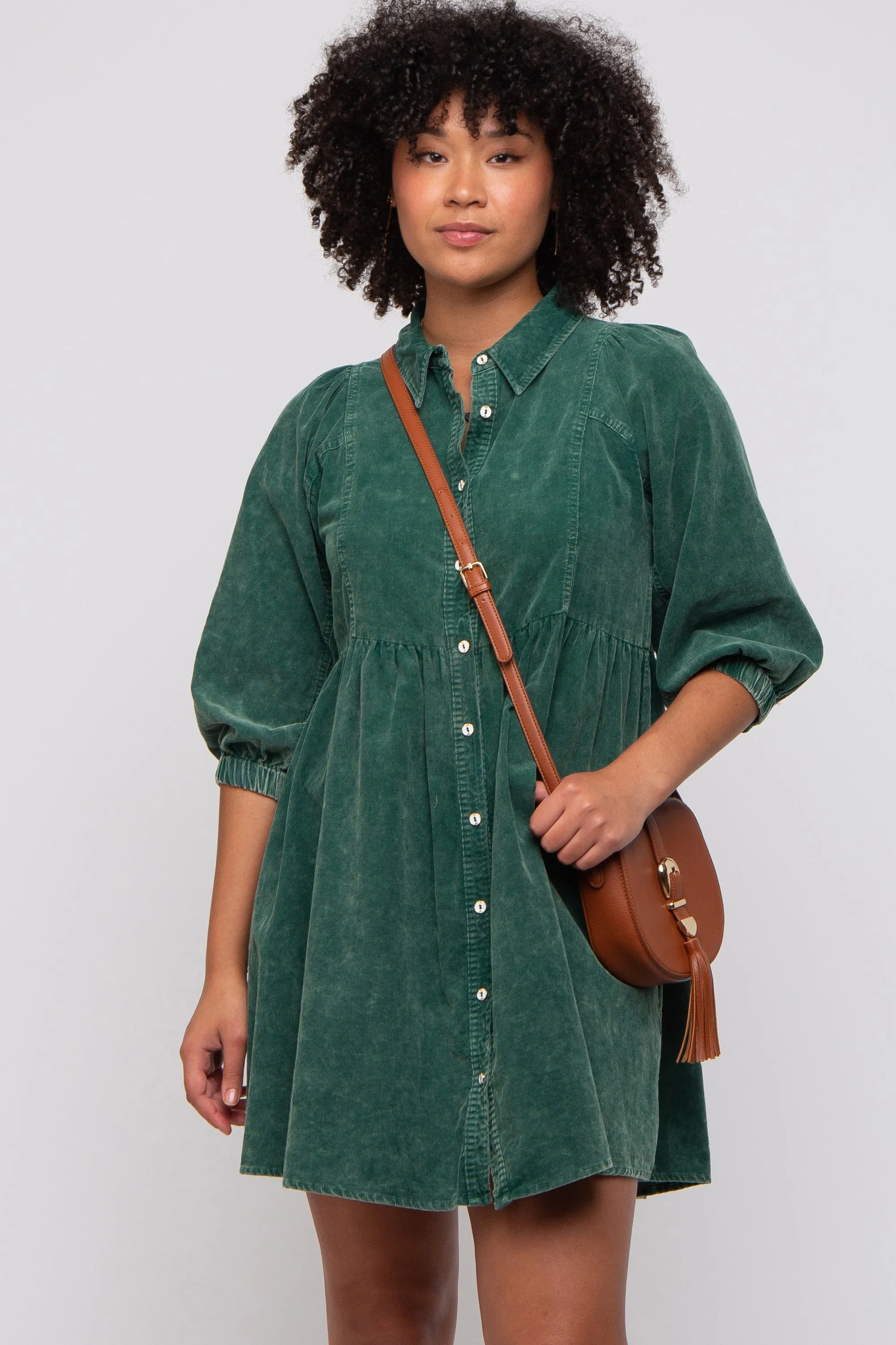 Green Corduroy Button Down Collared Dress sold by Pinkblush product image thumbnail 2