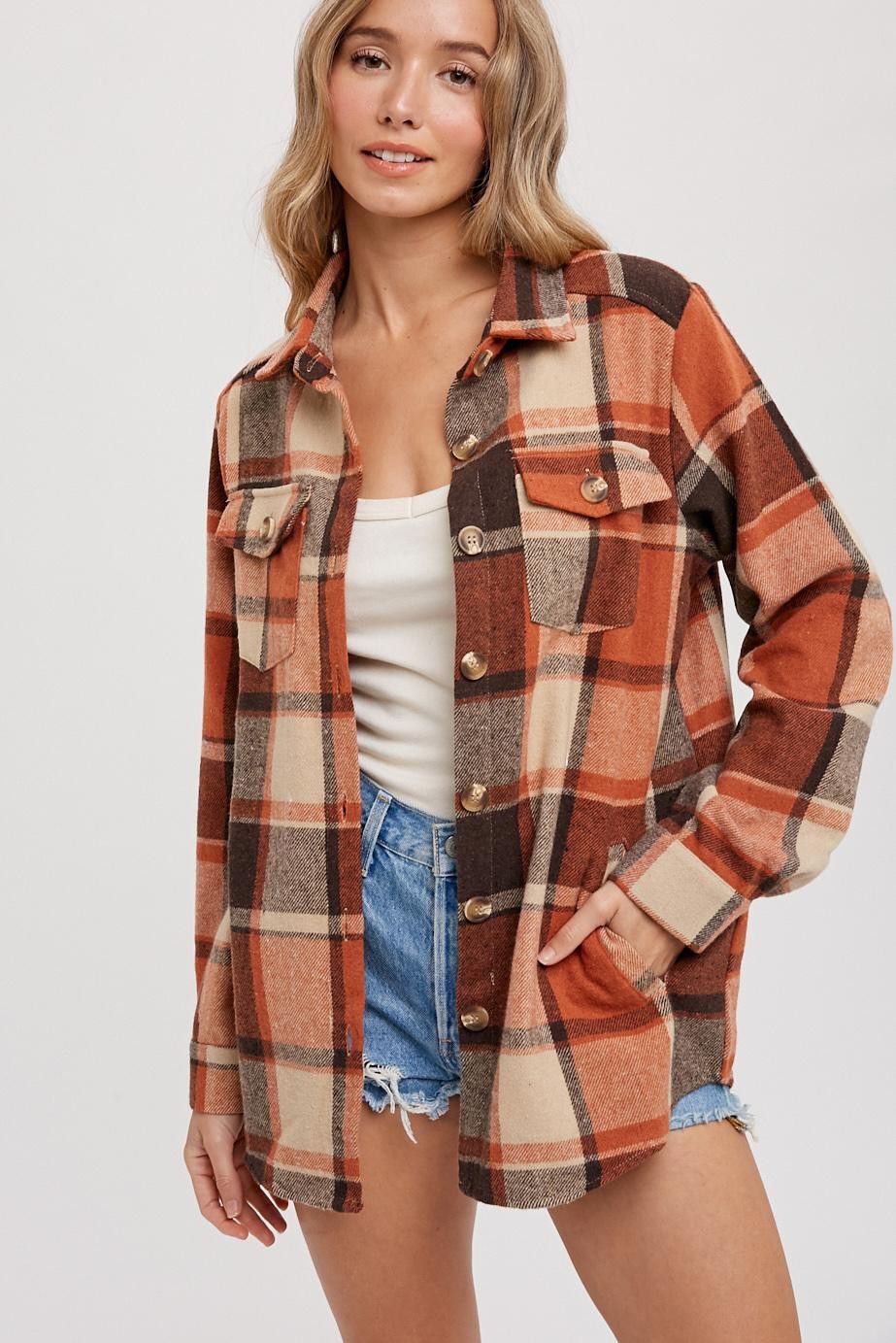 Rust Plaid Shirt Jacket sold by Pinkblush