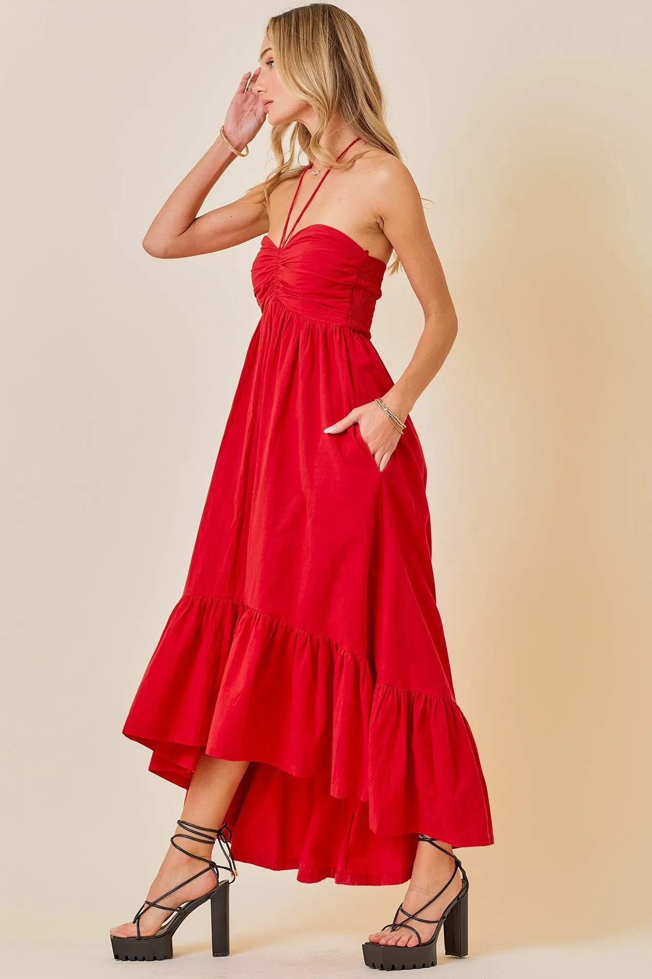 Red Halter Neck High-Low Hem Dress sold by Pinkblush product image thumbnail 2