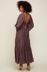 Brown Smocked Front Cutout Tiered Maxi Dress sold by Pinkblush