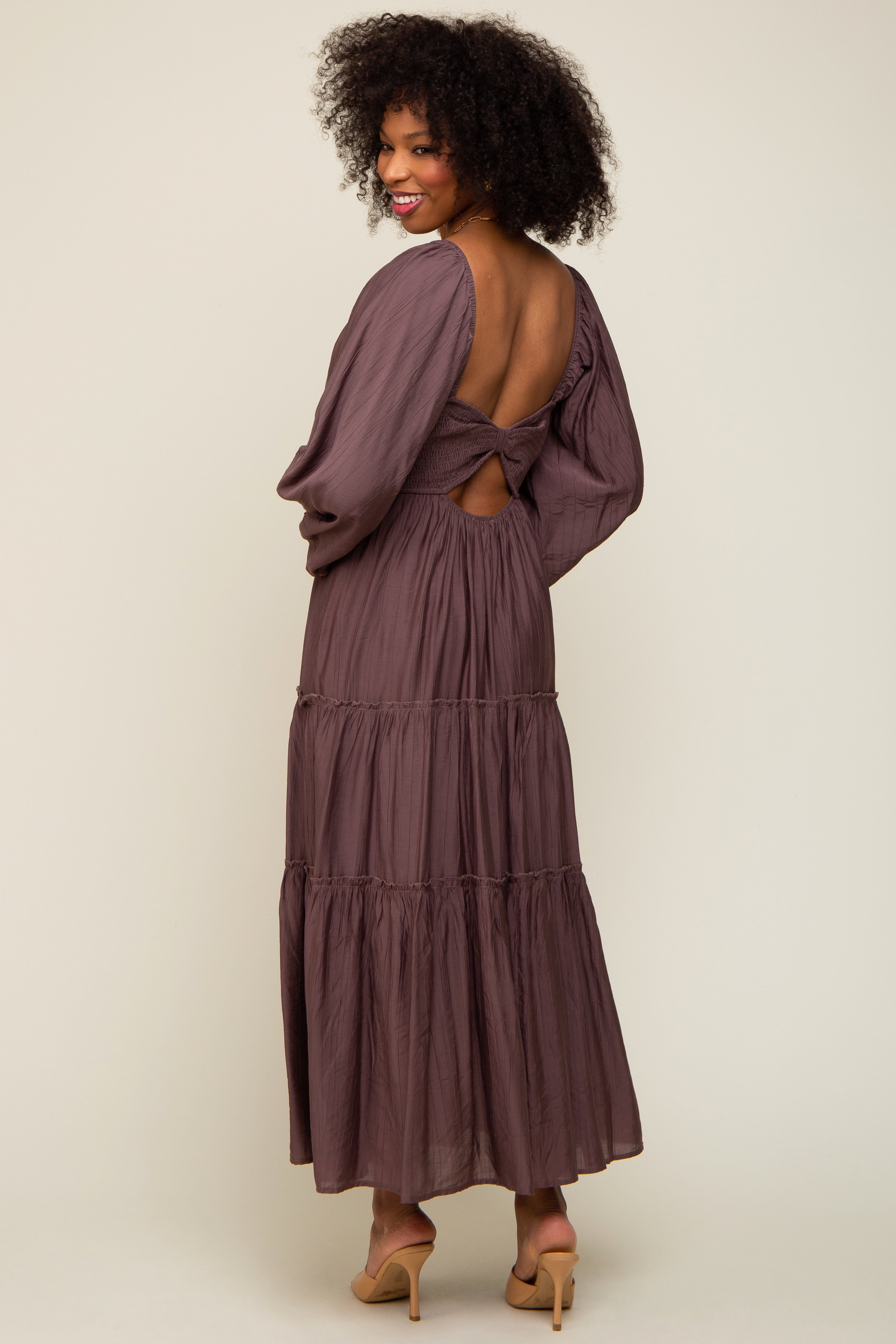 Brown Smocked Front Cutout Tiered Maxi Dress sold by Pinkblush product image thumbnail 3