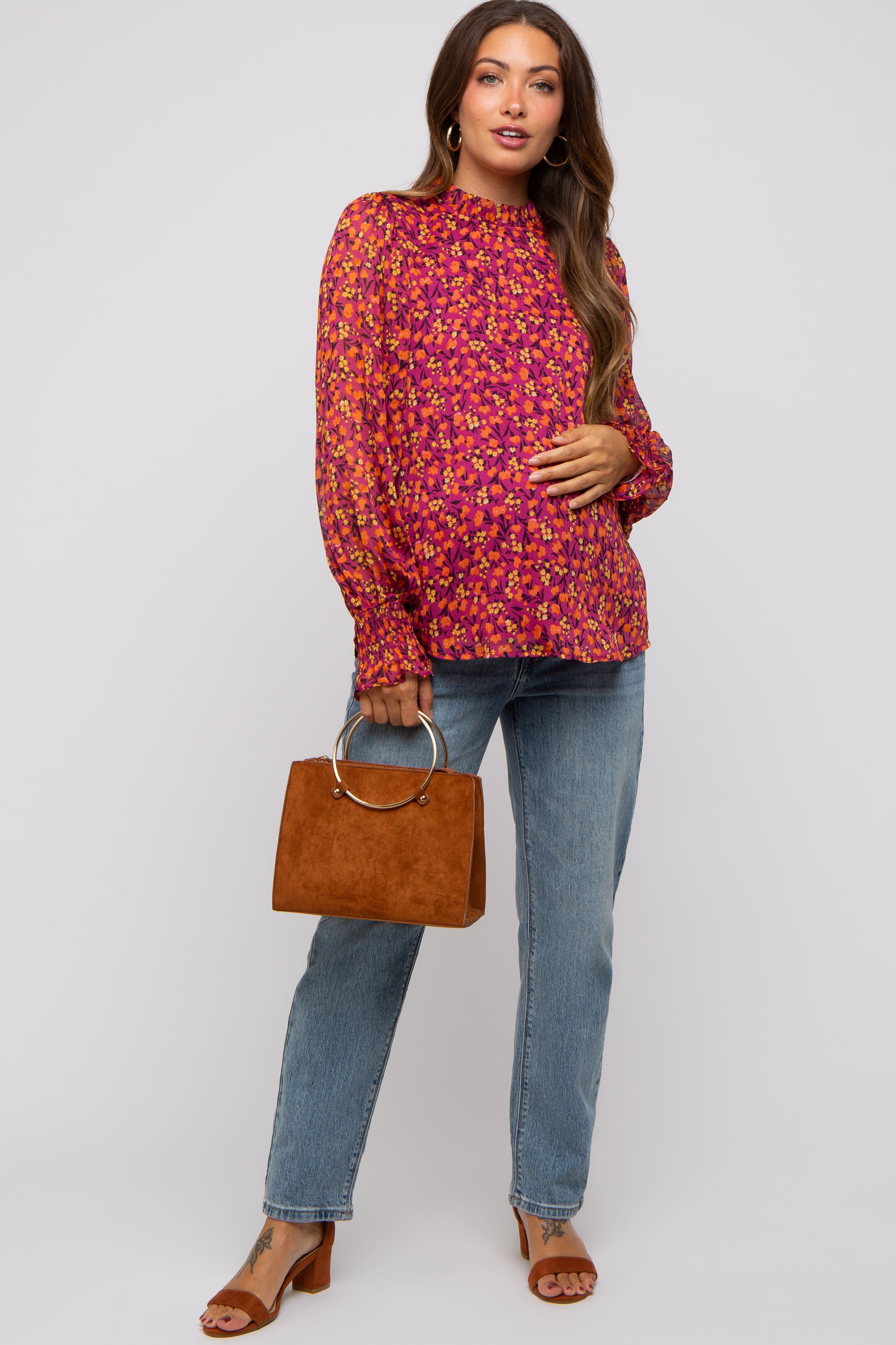 Magenta Floral Balloon Sleeve Maternity Blouse sold by Pinkblush product image thumbnail 4