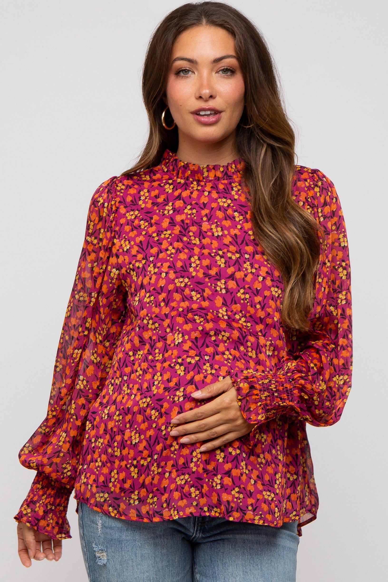 Magenta Floral Balloon Sleeve Maternity Blouse sold by Pinkblush