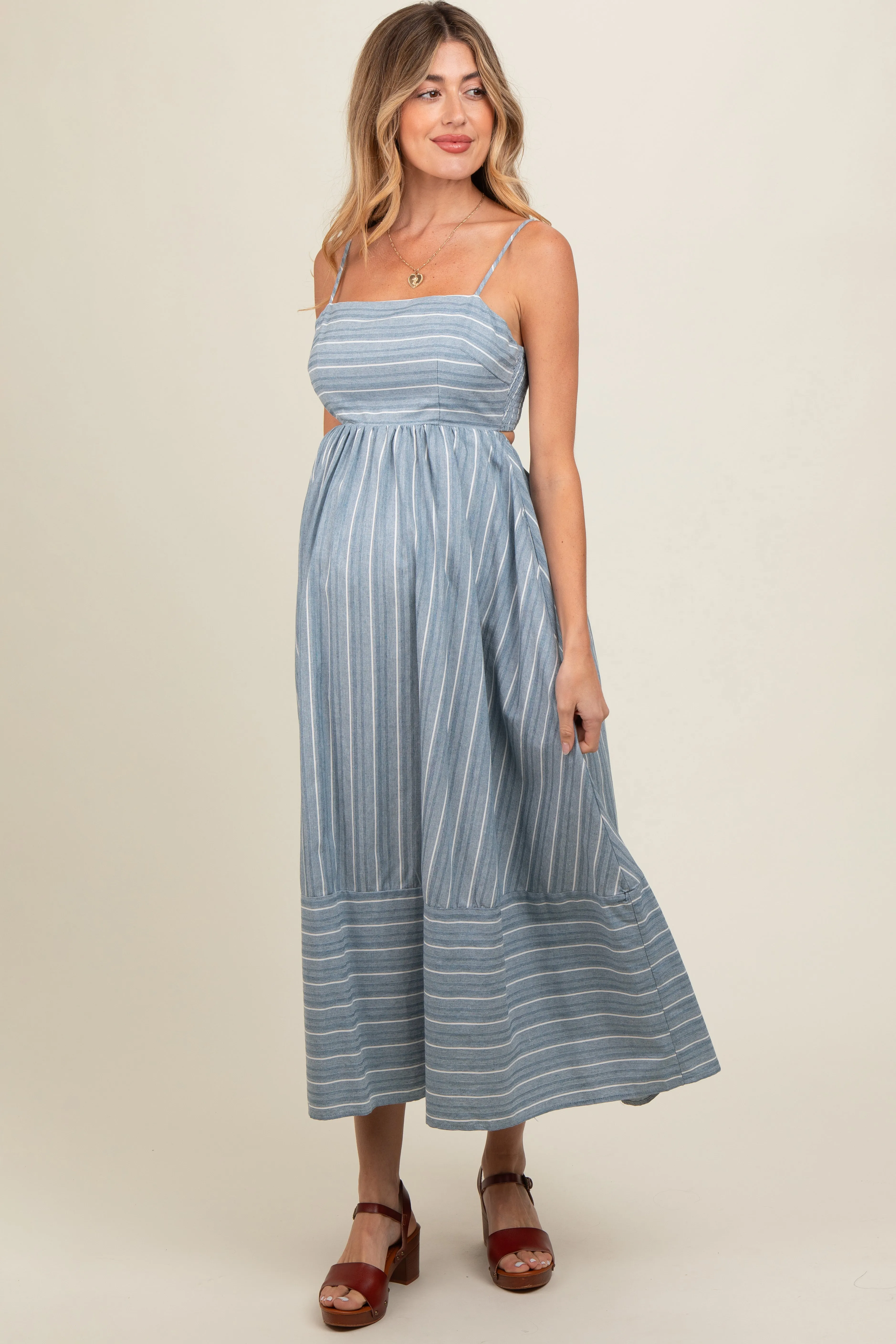 Navy Striped Cutout Back Maternity Maxi Dress sold by Pinkblush product image thumbnail 2