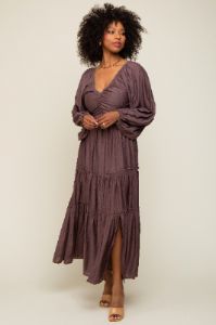 Brown Smocked Front Cutout Tiered Maxi Dress sold by Pinkblush