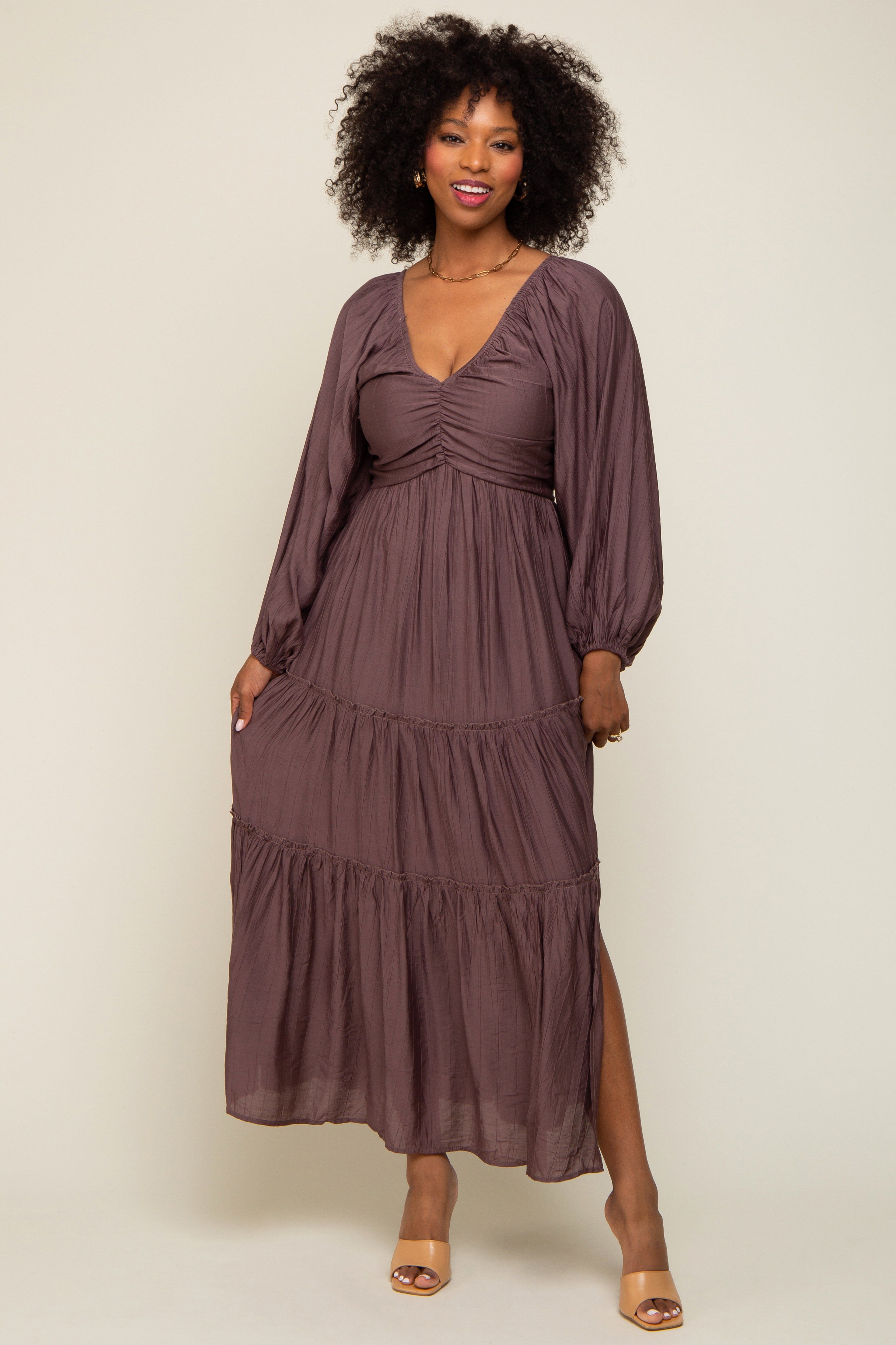 Brown Smocked Front Cutout Tiered Maxi Dress sold by Pinkblush