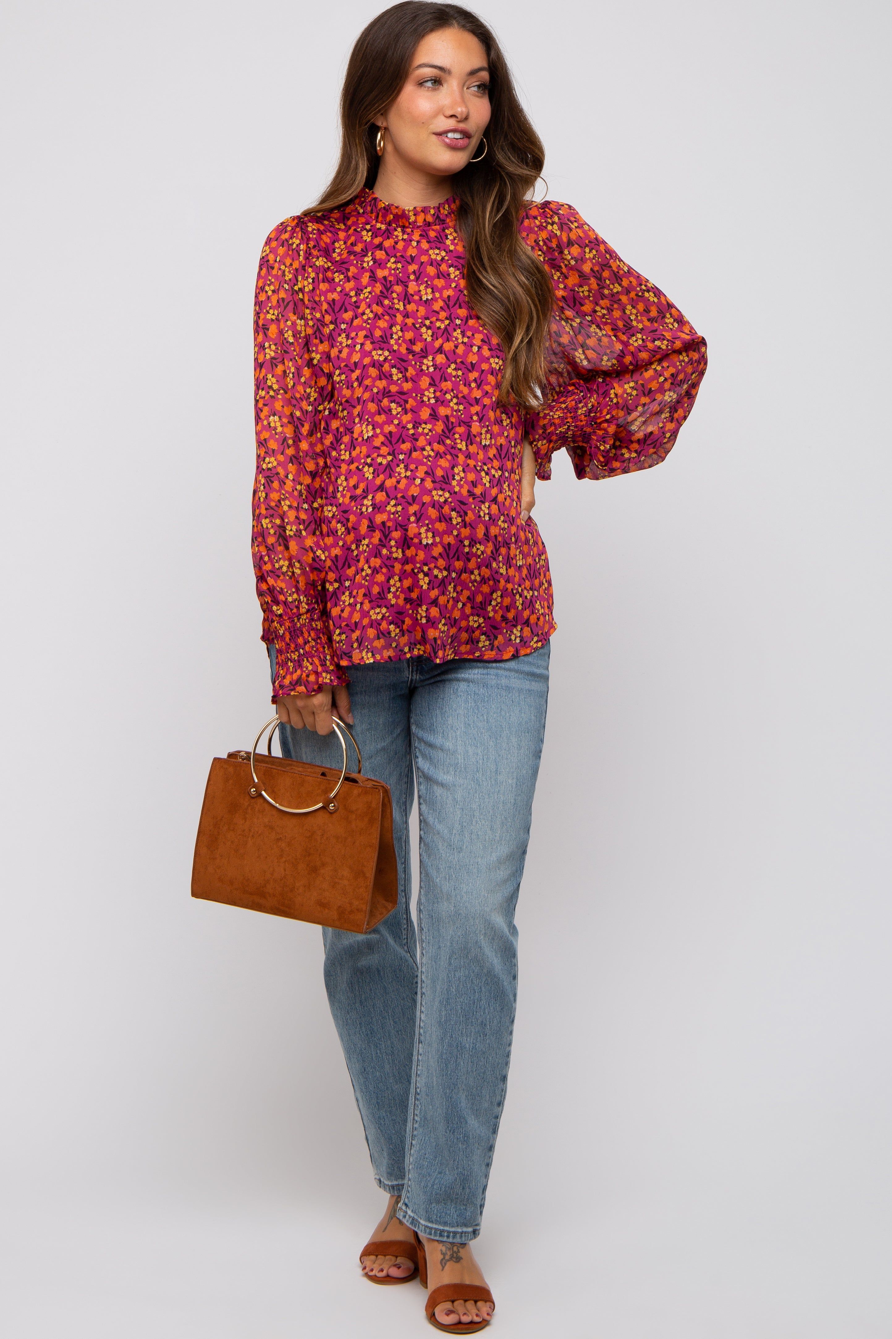 Magenta Floral Balloon Sleeve Maternity Blouse sold by Pinkblush product image thumbnail 5