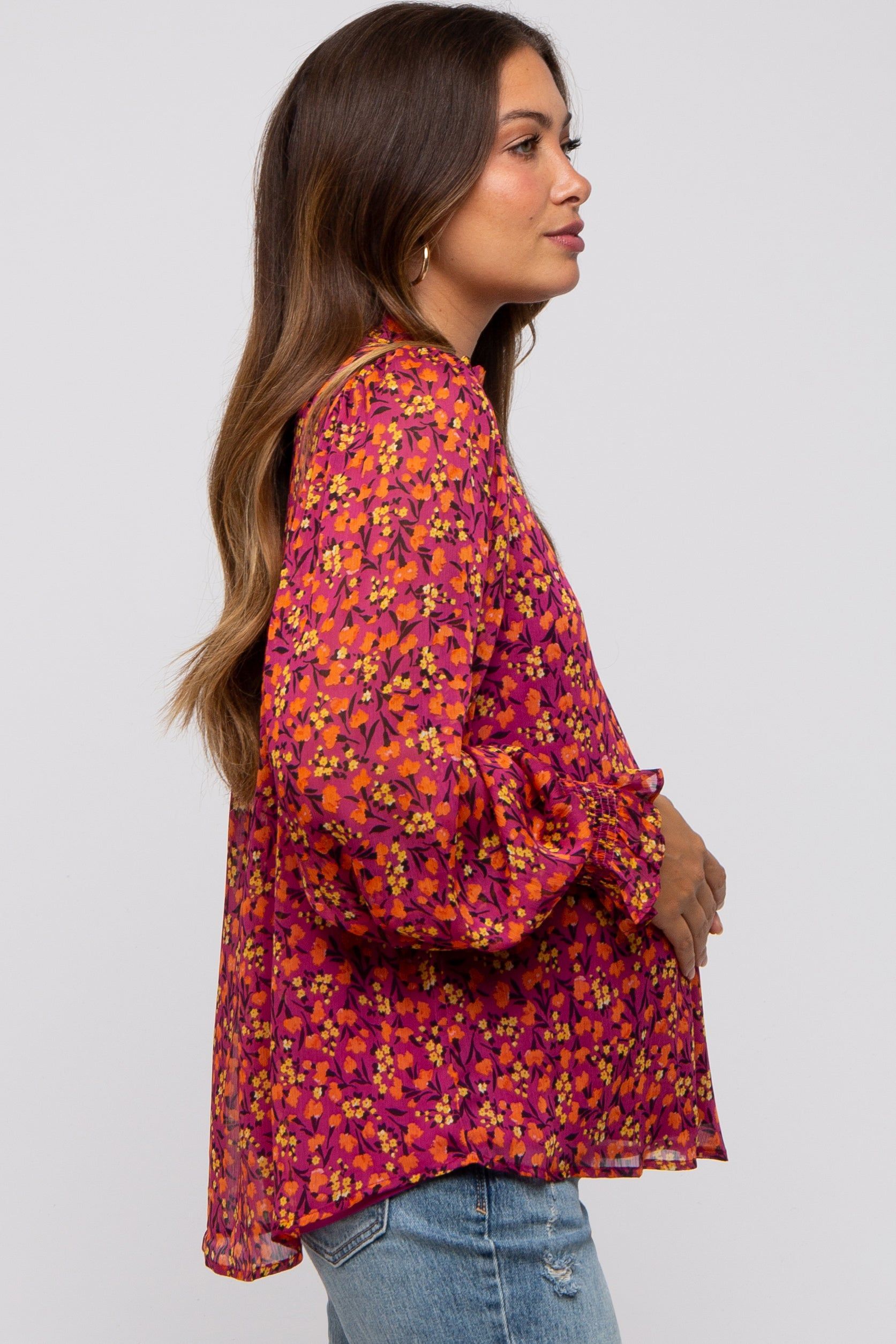 Magenta Floral Balloon Sleeve Maternity Blouse sold by Pinkblush product image thumbnail 2