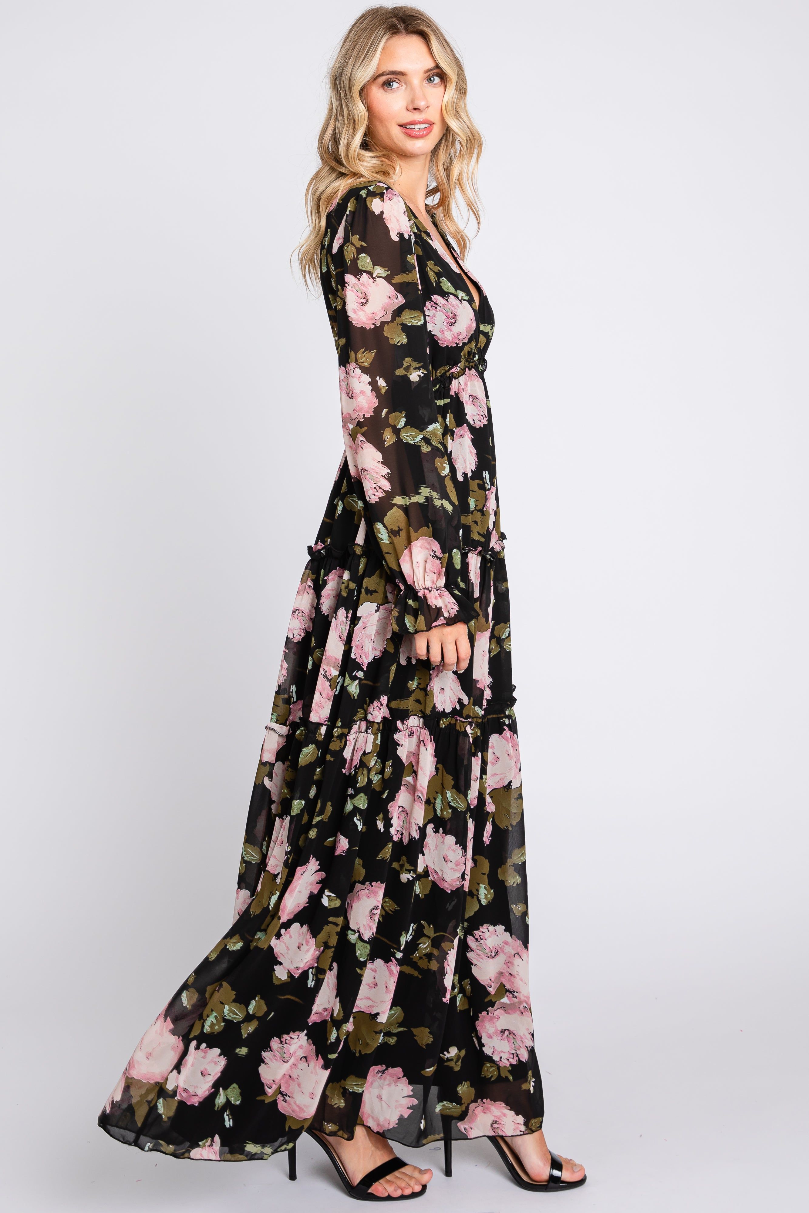 Black Floral Chiffon V-Neck Lettuce Edge Tiered Maxi Dress sold by Pinkblush product image thumbnail 2