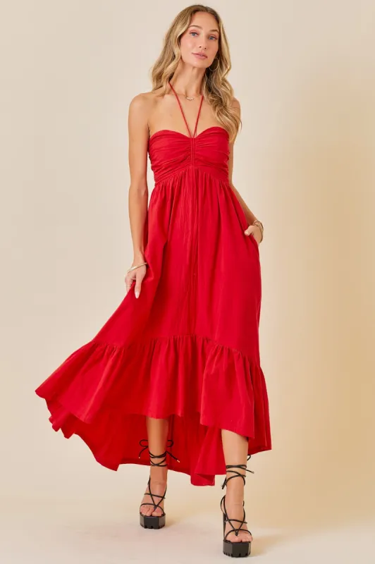 Red Halter Neck High-Low Hem Dress sold by Pinkblush