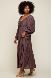 Brown Smocked Front Cutout Tiered Maxi Dress sold by Pinkblush