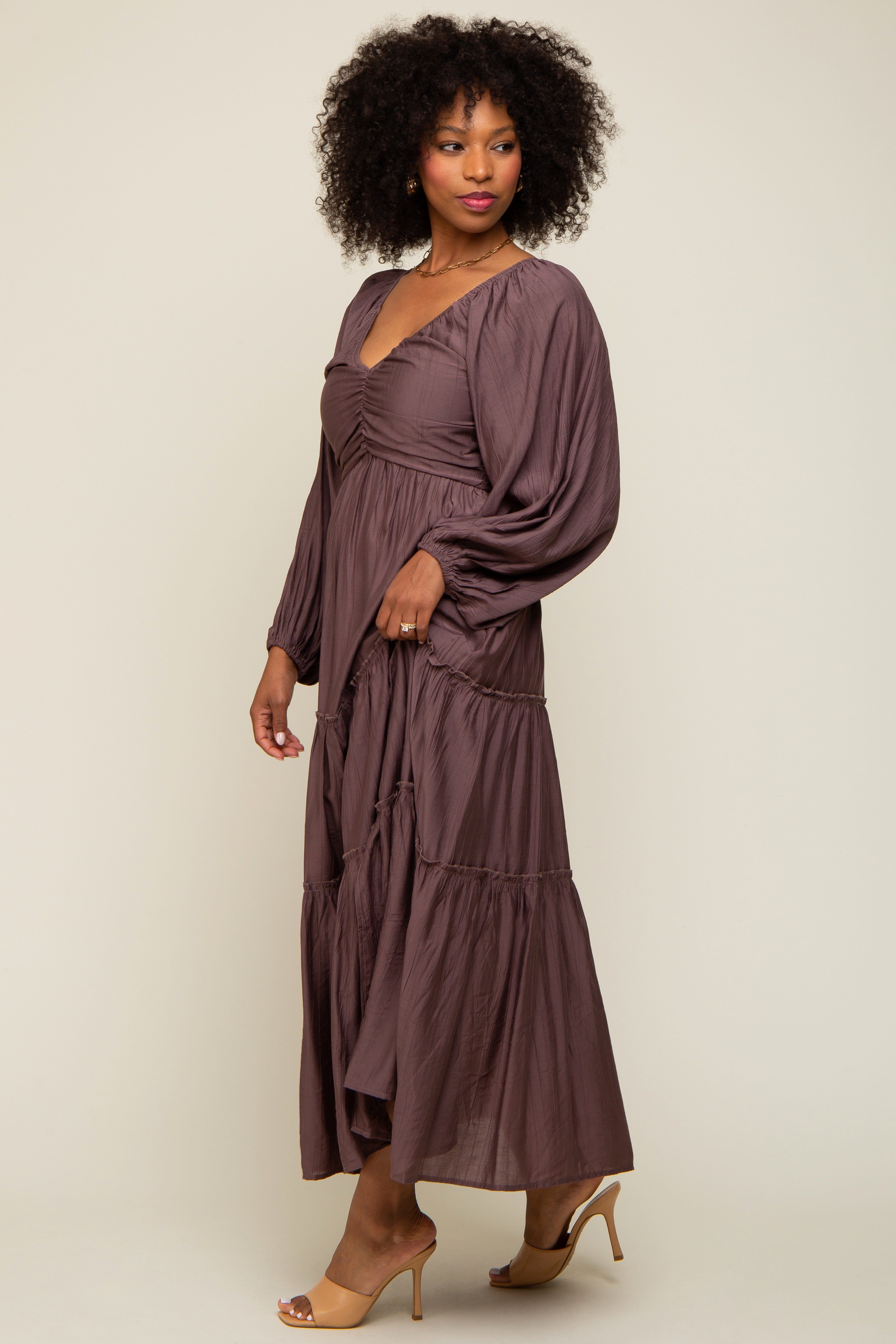 Brown Smocked Front Cutout Tiered Maxi Dress sold by Pinkblush product image thumbnail 2