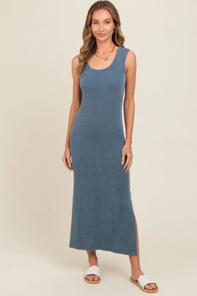 Blue Ribbed Side Slit Maxi Dress sold by Pinkblush