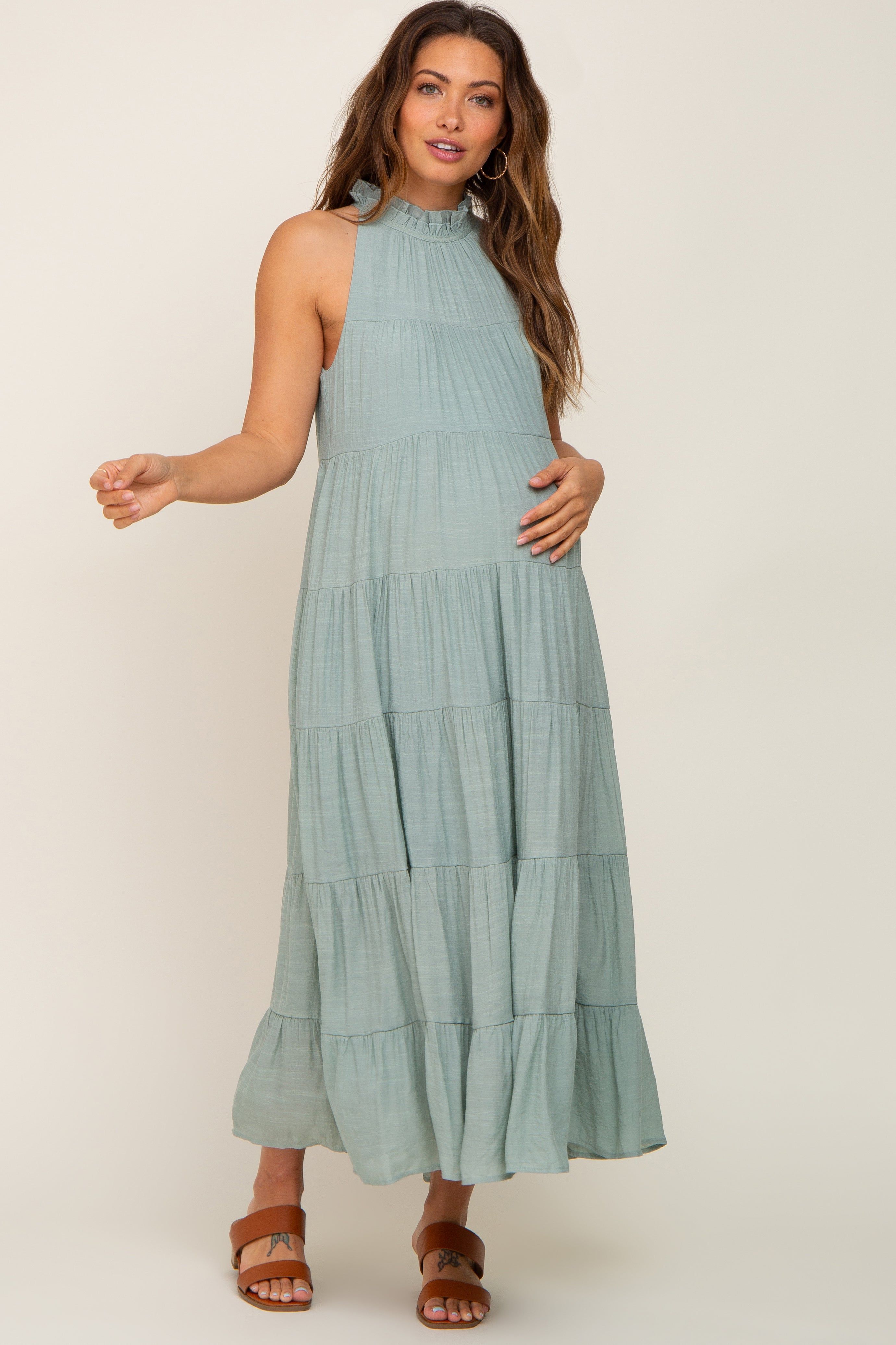 Sage Tiered High Neck Maternity Maxi Dress sold by Pinkblush product image thumbnail 4