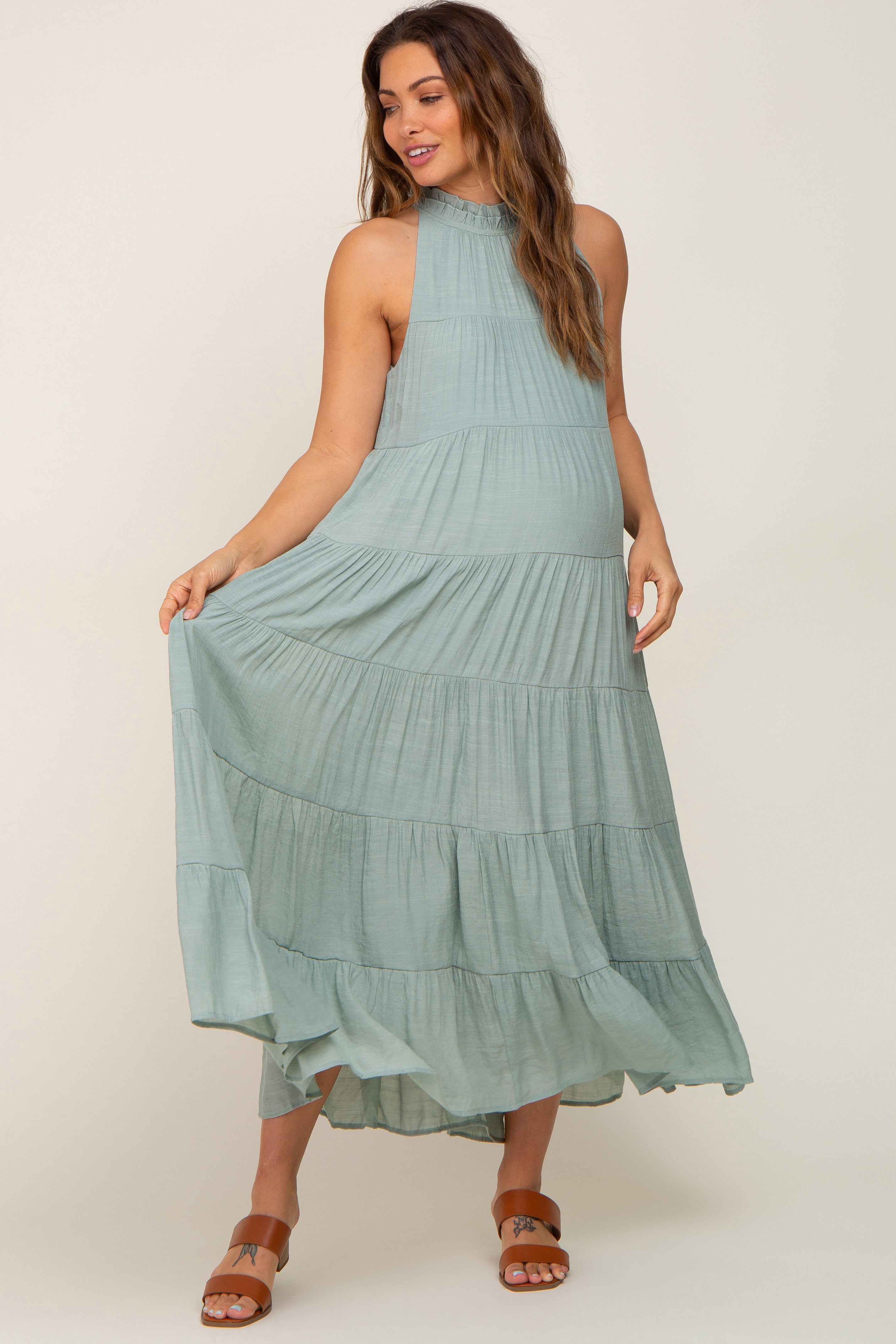 Sage Tiered High Neck Maternity Maxi Dress sold by Pinkblush