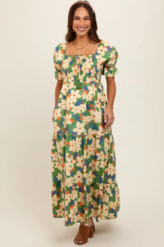 Green Floral Puff Sleeve Maternity Maxi Dress sold by Pinkblush