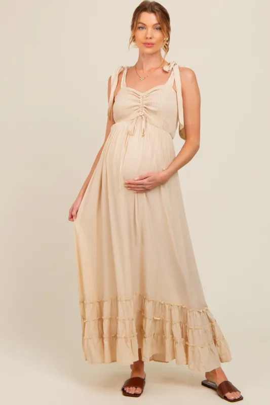Beige Sweetheart Neck Smocked Shoulder Tie Maternity Maxi Dress sold by Pinkblush
