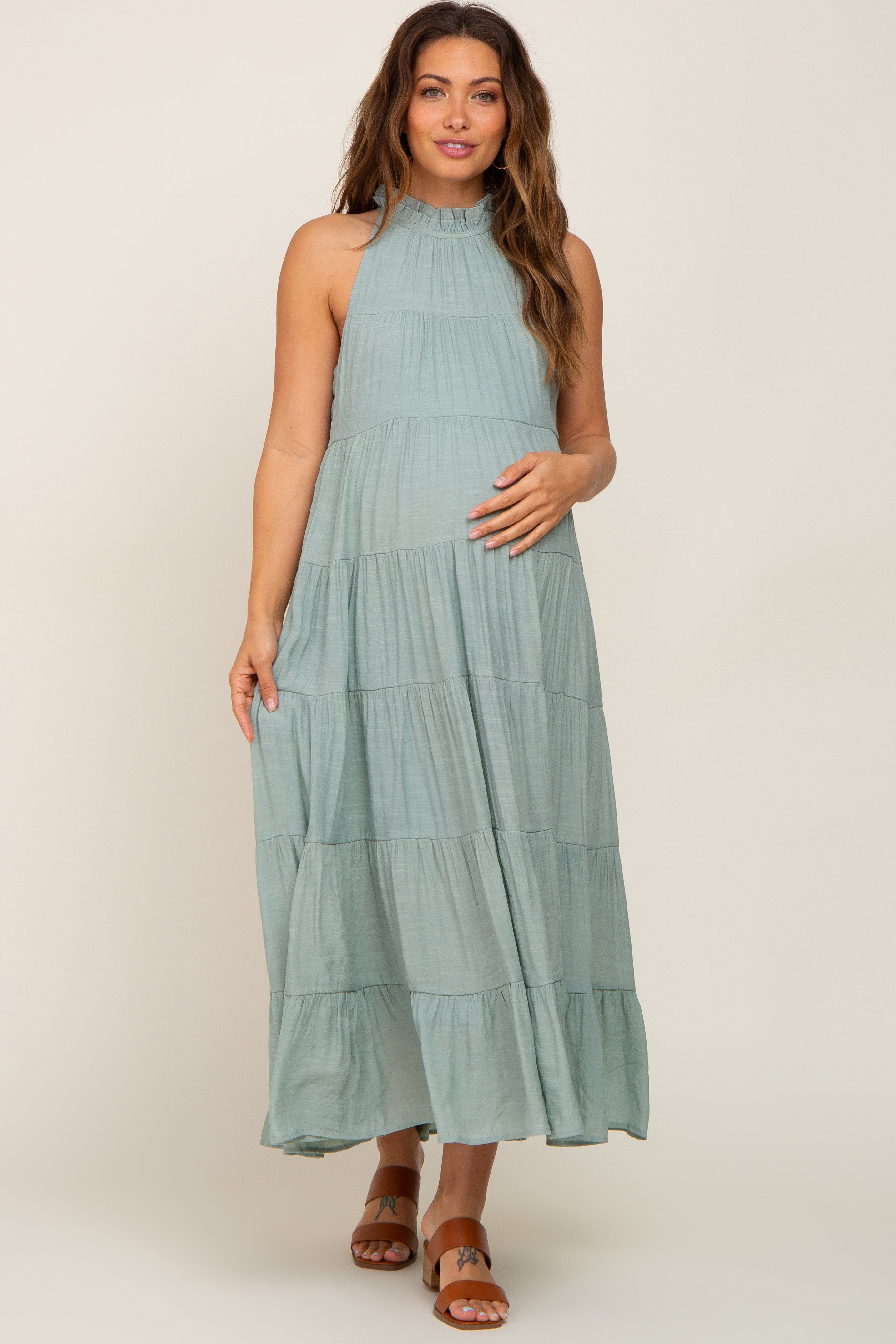 Sage Tiered High Neck Maternity Maxi Dress sold by Pinkblush product image thumbnail 5
