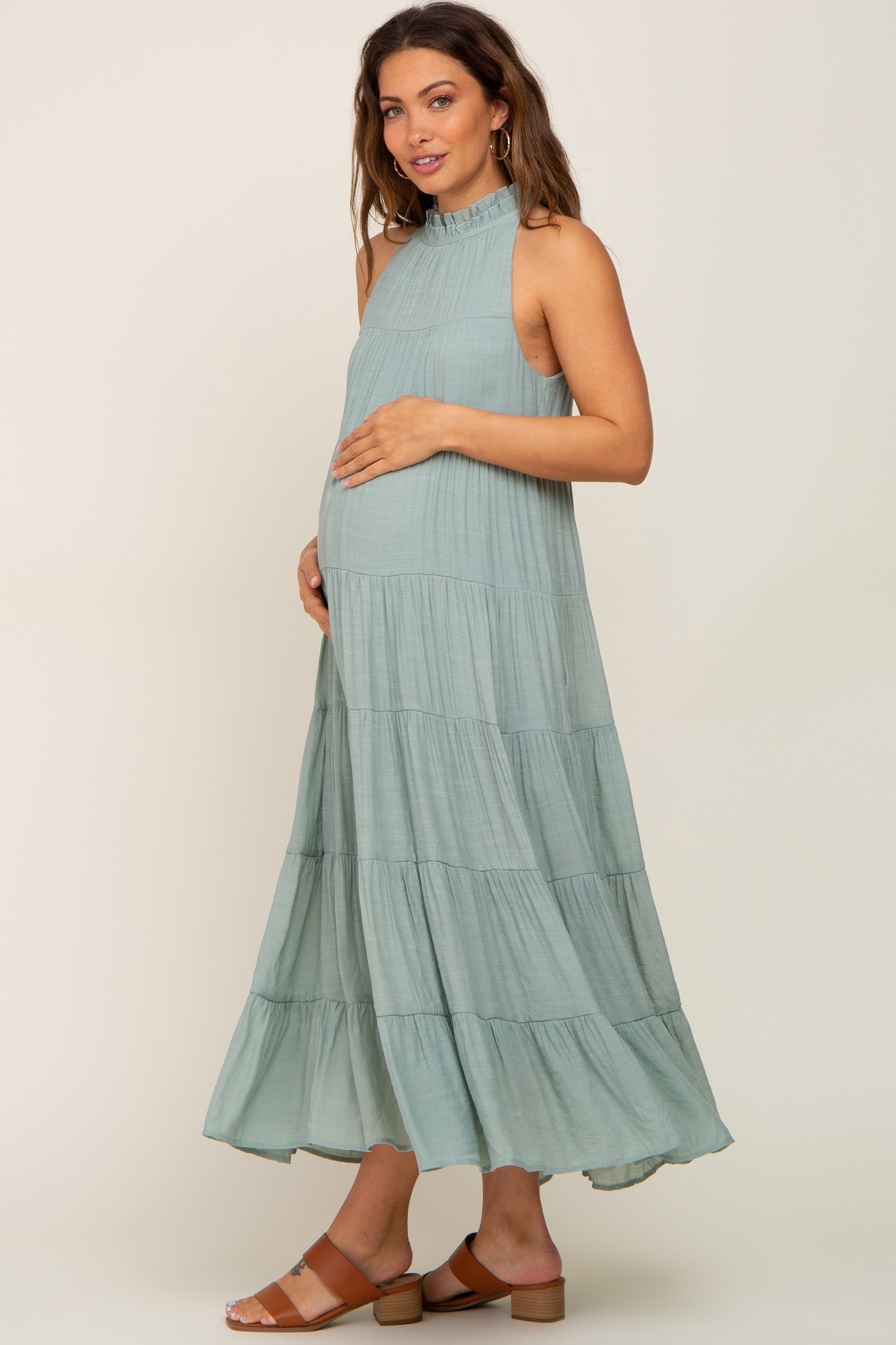 Sage Tiered High Neck Maternity Maxi Dress sold by Pinkblush product image thumbnail 2