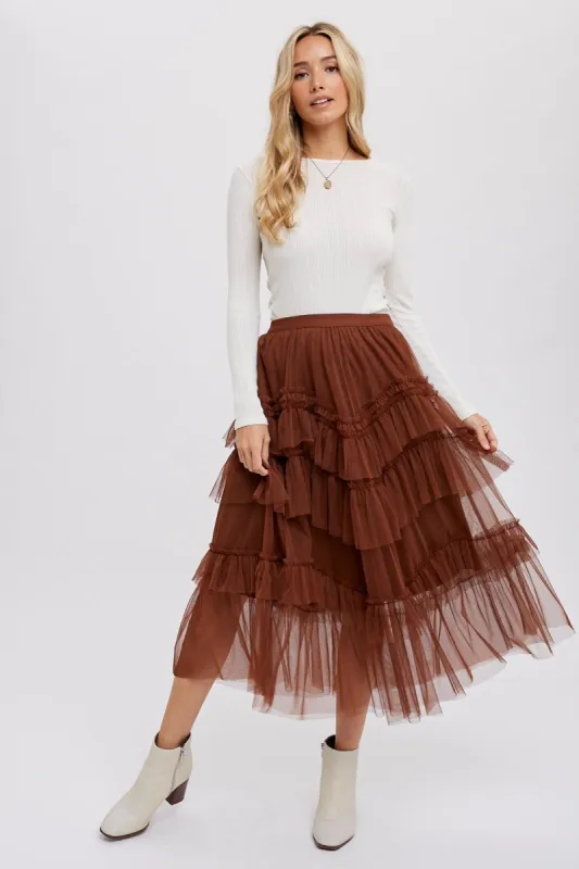 Mocha Tiered Ruffled Tulle Midi Skirt sold by Pinkblush