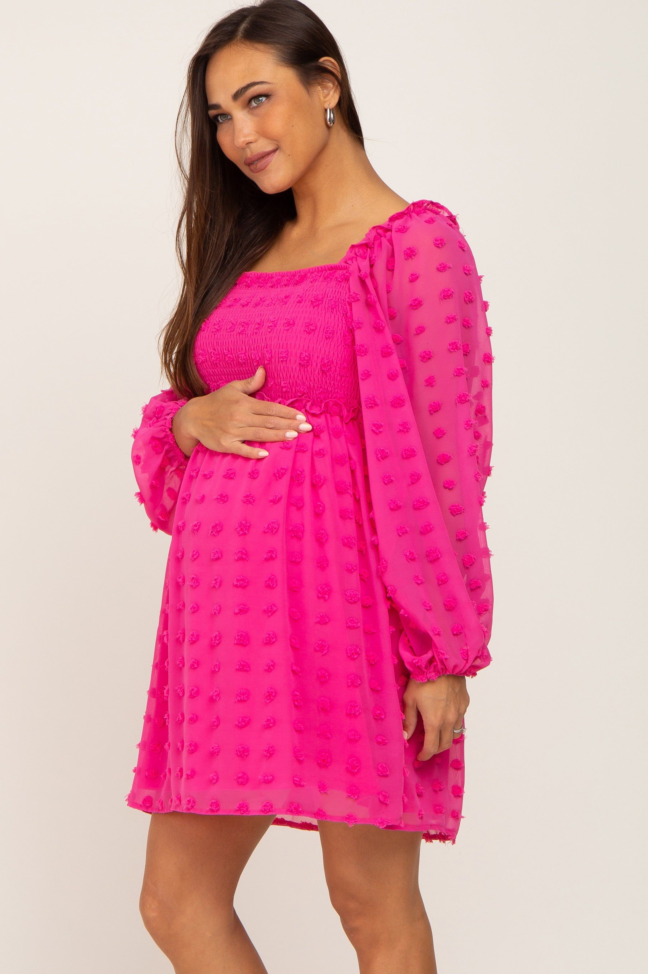 Fuchsia Swiss Dot Smocked Maternity Dress sold by Pinkblush product image thumbnail 2