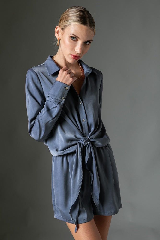 Midnight Satin Front Tie Romper sold by Pinkblush