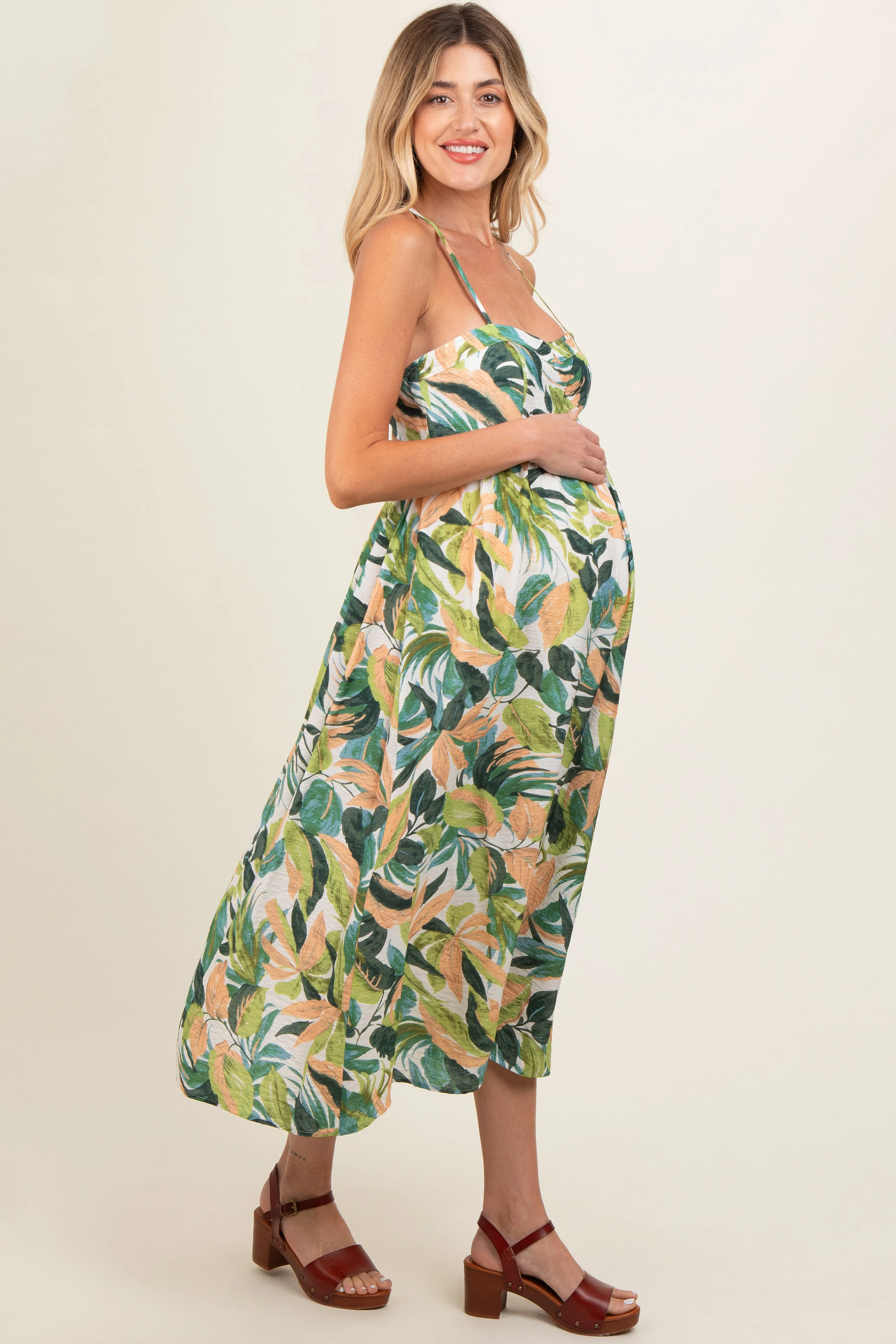 Green Leaf Print Open Back Maternity Midi Dress sold by Pinkblush product image thumbnail 4