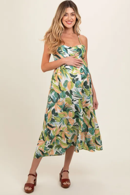 Green Leaf Print Open Back Maternity Midi Dress sold by Pinkblush
