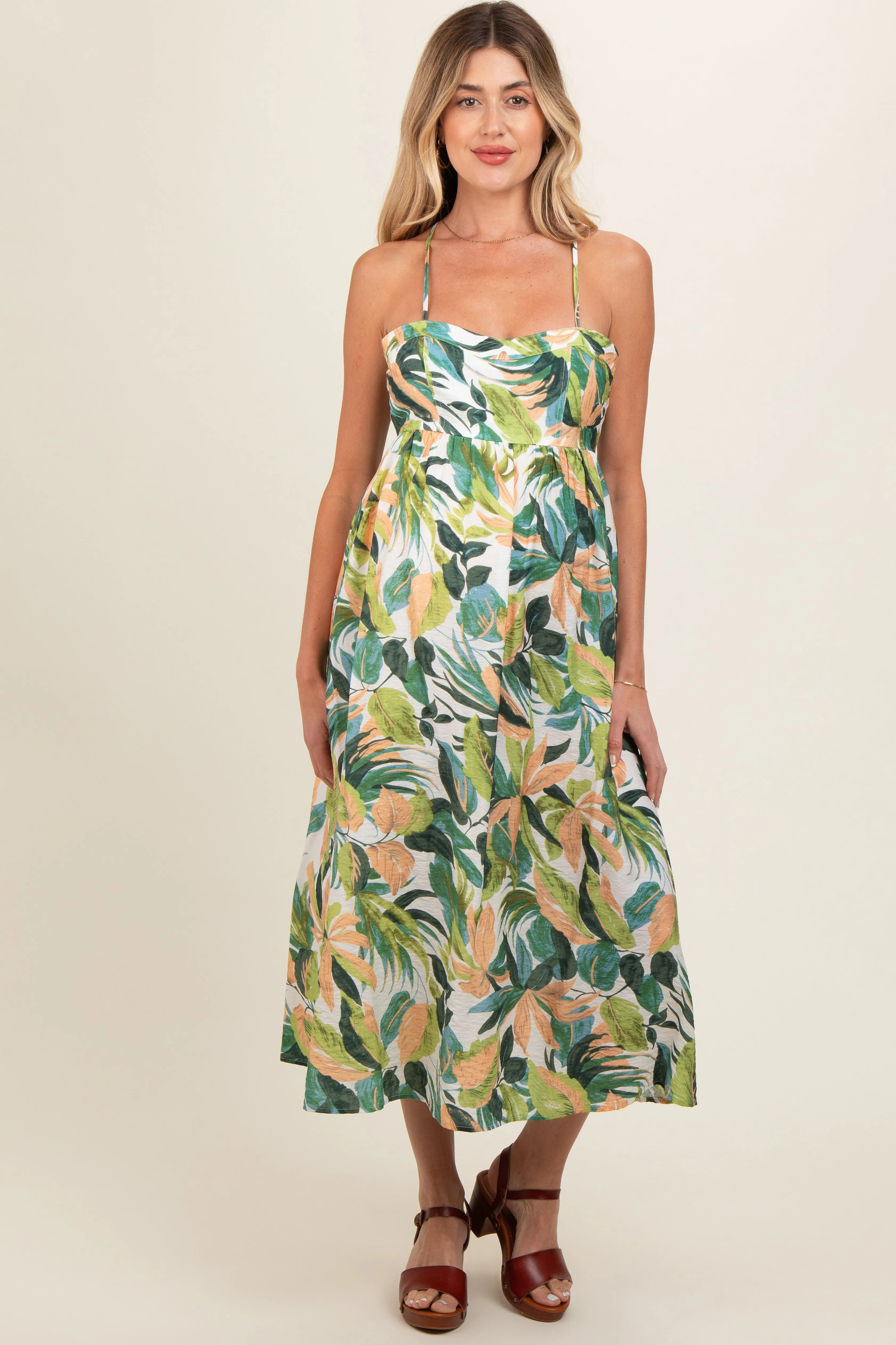 Green Leaf Print Open Back Maternity Midi Dress sold by Pinkblush product image thumbnail 2