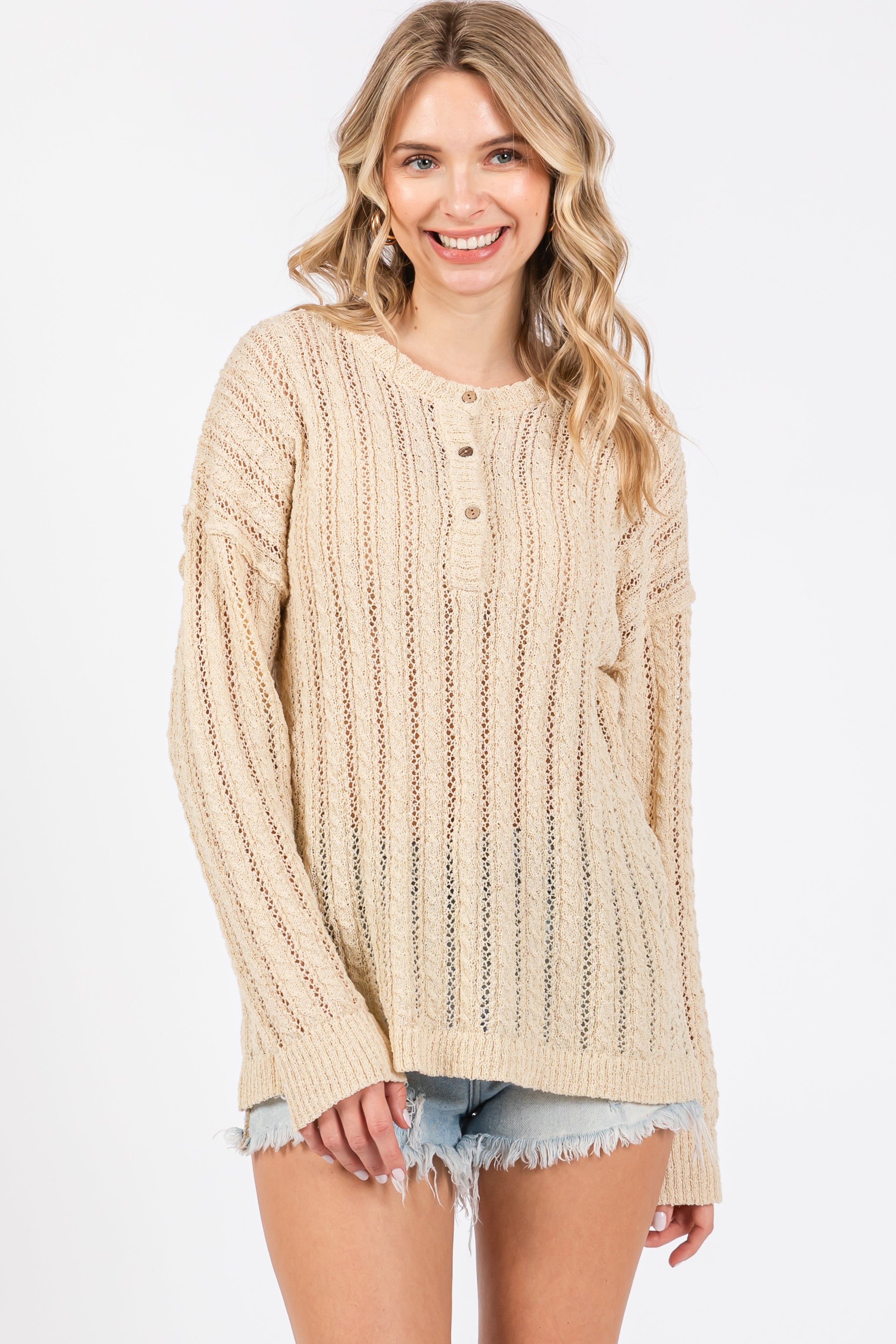 Cream Open Knit Front Button Maternity Sweater sold by Pinkblush product image thumbnail 4
