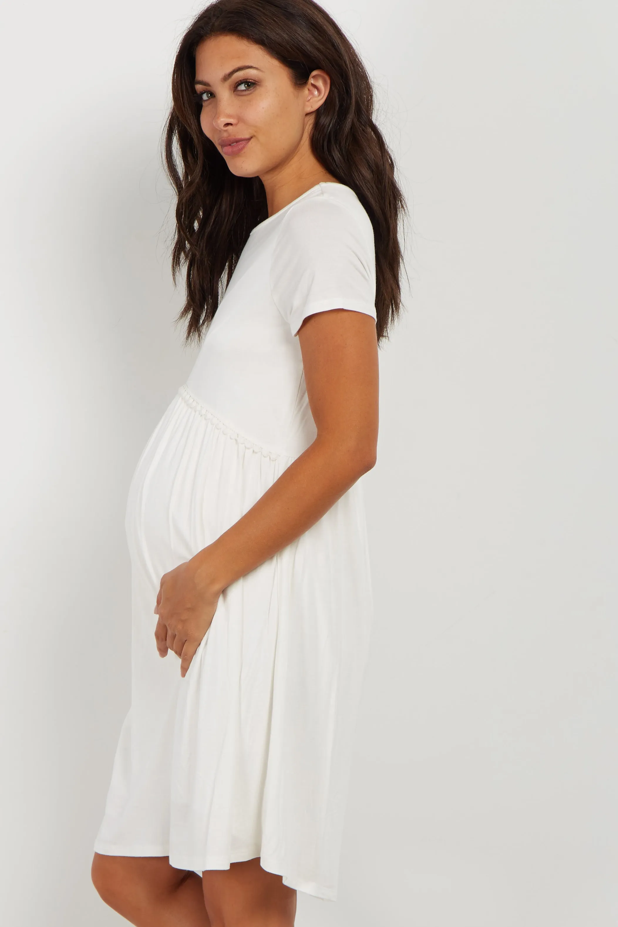 PinkBlush Ivory Solid Crochet Trim Maternity Shift Dress sold by Pinkblush product image thumbnail 2