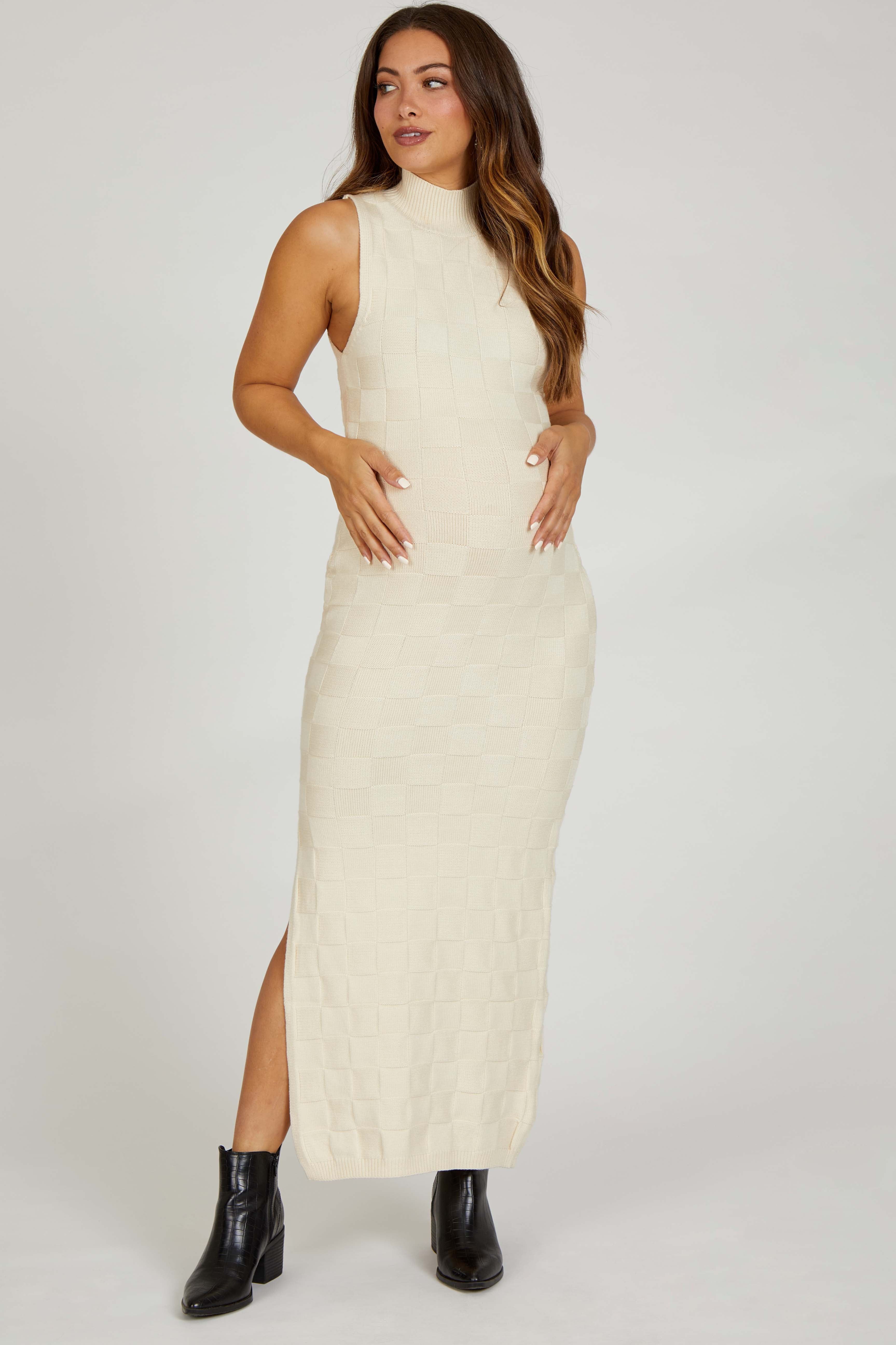 Cream Checkered Mock Neck Maternity Maxi Dress sold by Pinkblush product image thumbnail 2