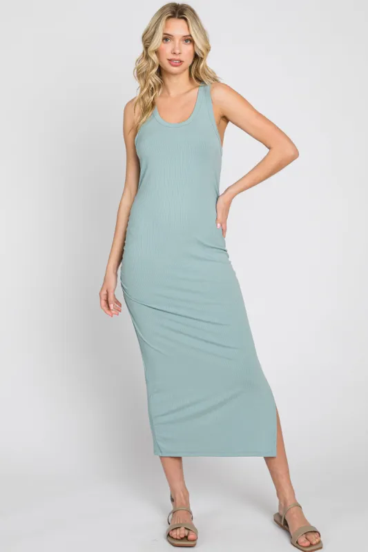 Mint Ribbed Sleeveless Ruched Side Slit Midi Dress sold by Pinkblush