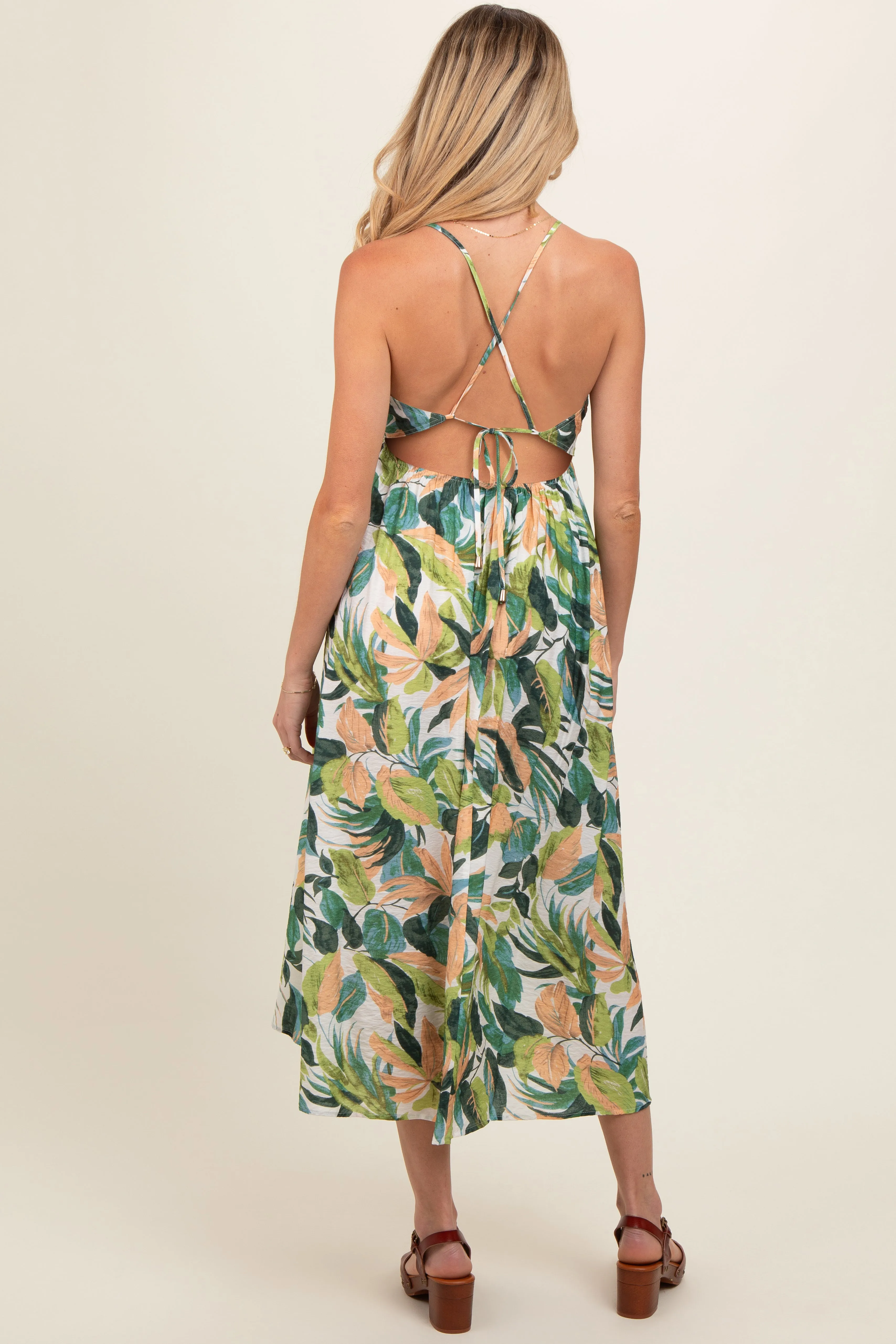Green Leaf Print Open Back Maternity Midi Dress sold by Pinkblush product image thumbnail 3