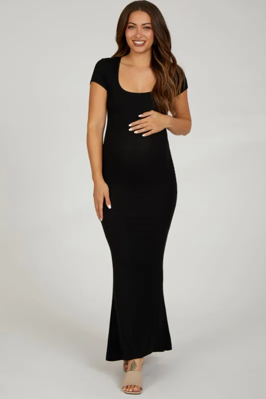 Black Ribbed Scoop Neck Maternity Maxi Dress sold by Pinkblush