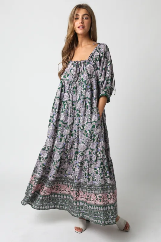 Olive Floral Paisley Cinched Neckline Maxi Dress sold by Pinkblush