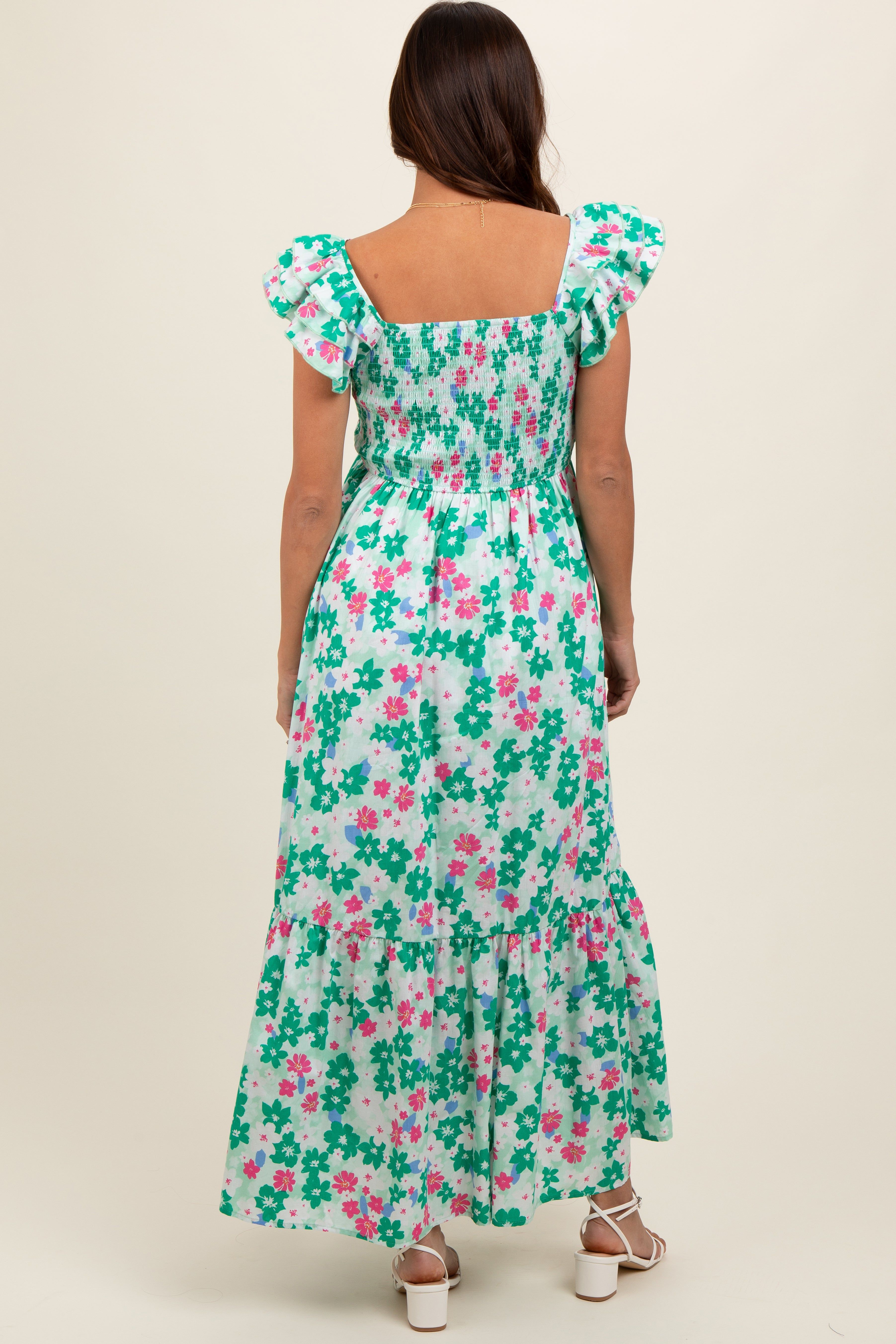 Green Floral Smocked Ruffle Sleeve Maternity Maxi Dress sold by Pinkblush product image thumbnail 4