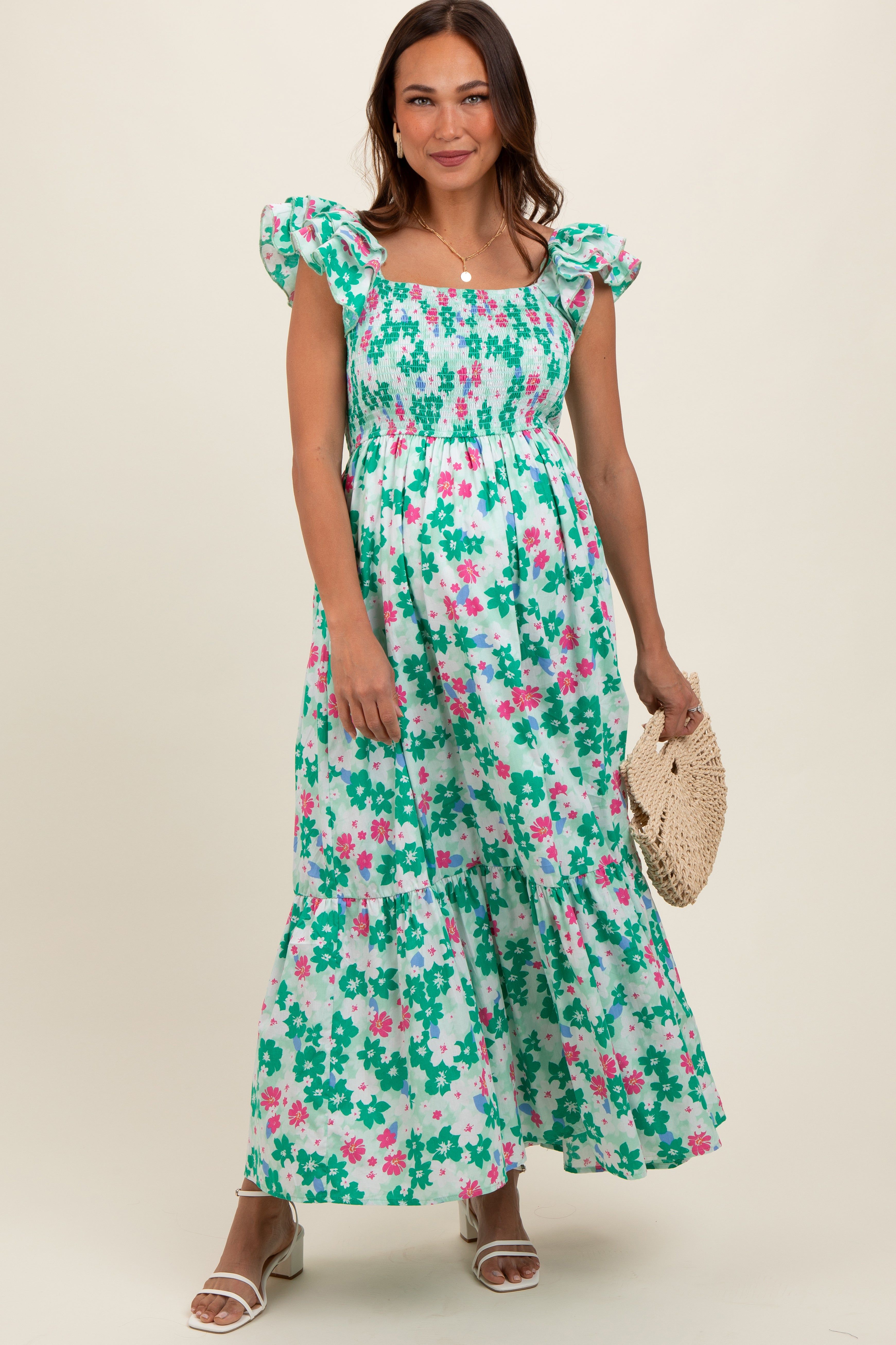 Green Floral Smocked Ruffle Sleeve Maternity Maxi Dress sold by Pinkblush