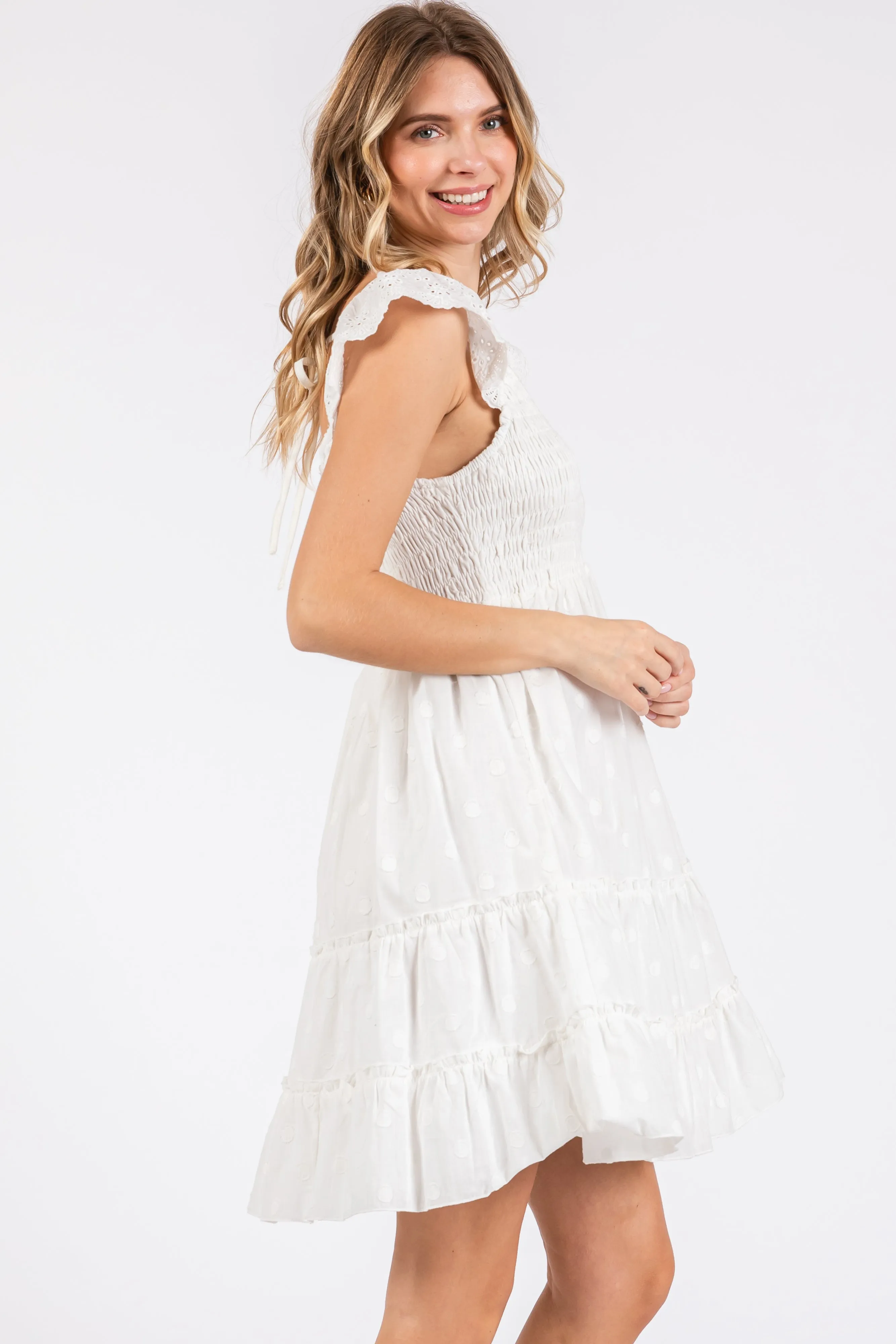 White Textured Polka Dot Eyelet Shoulder V-Neck Dress sold by Pinkblush product image thumbnail 3
