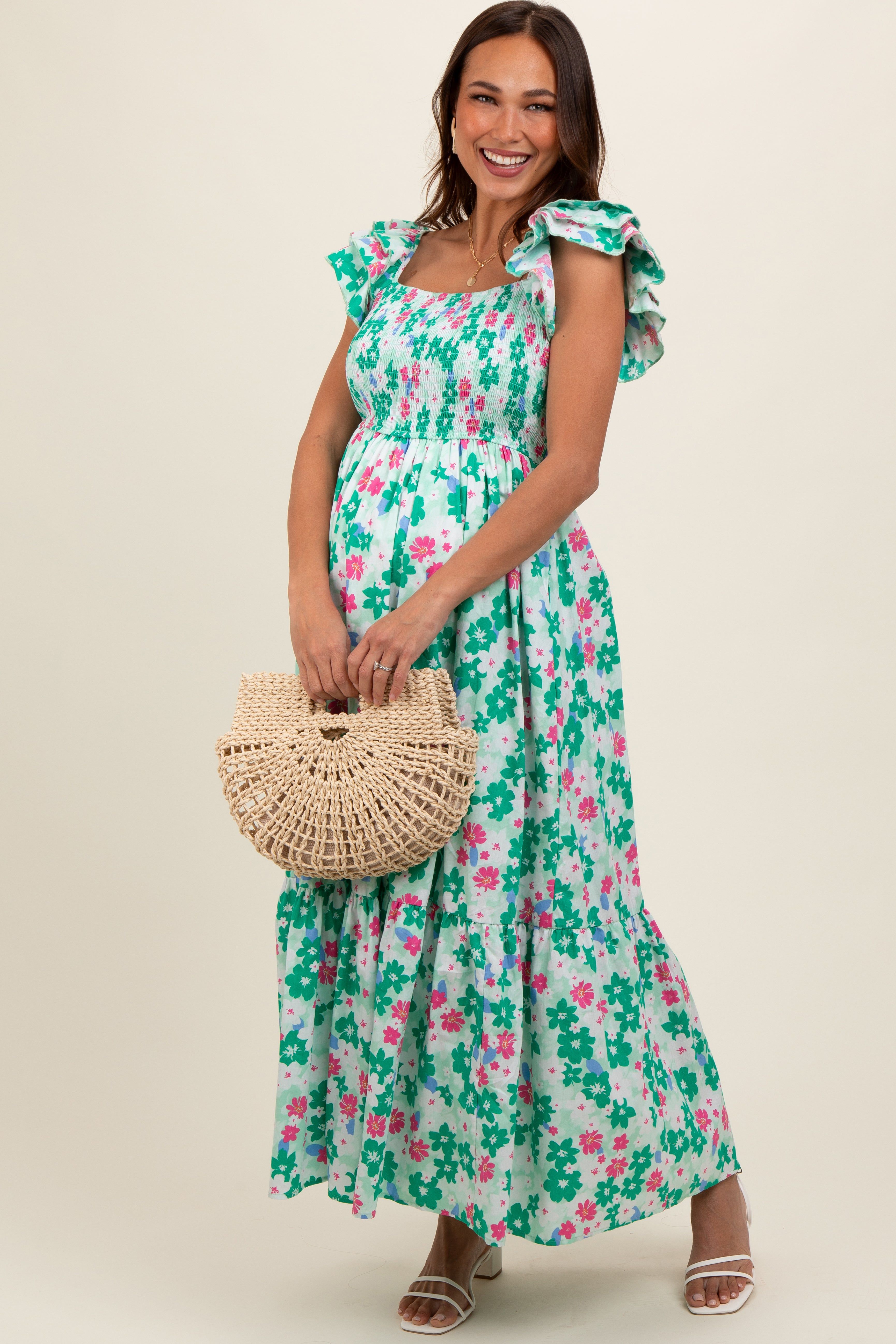 Green Floral Smocked Ruffle Sleeve Maternity Maxi Dress sold by Pinkblush product image thumbnail 2