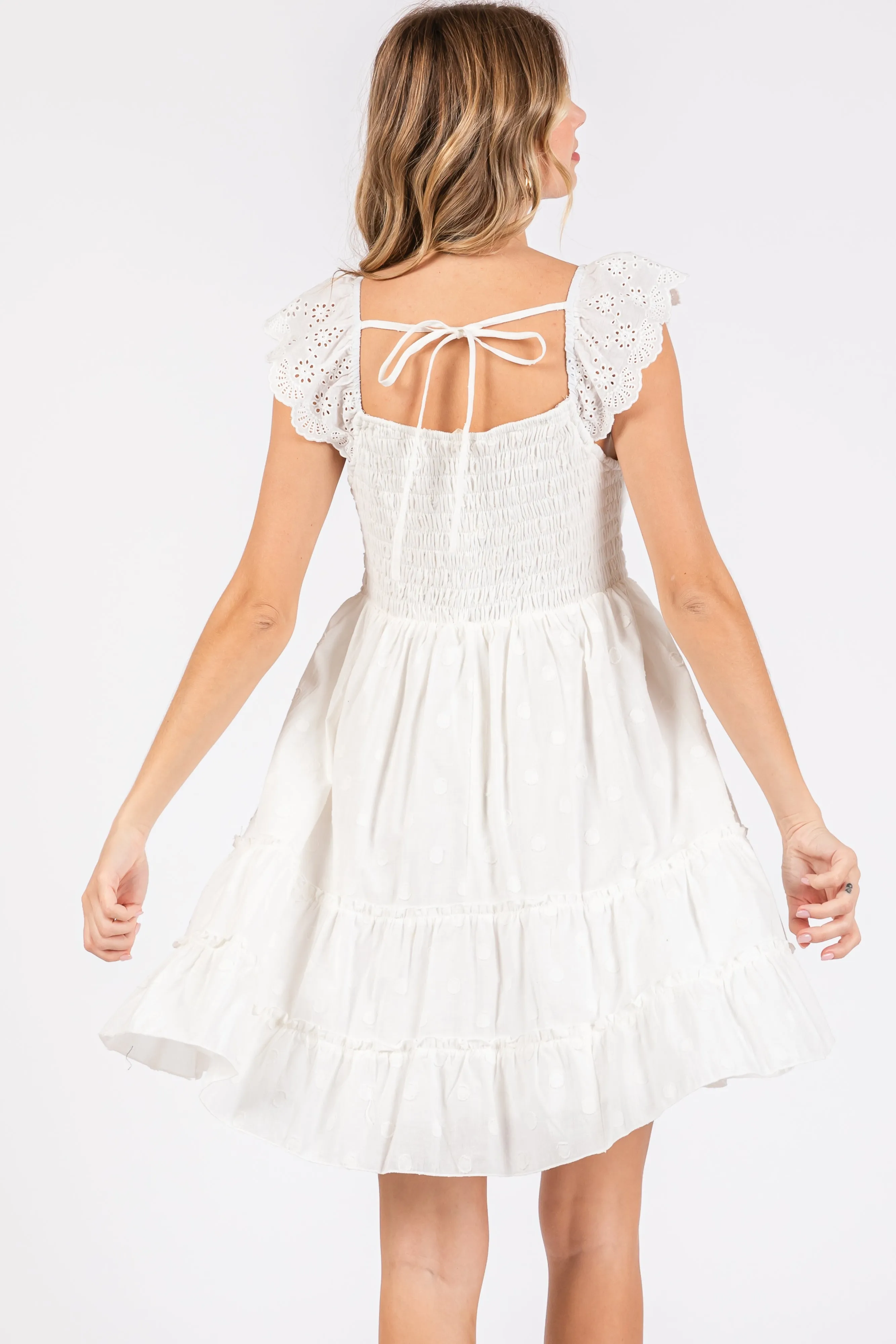 White Textured Polka Dot Eyelet Shoulder V-Neck Dress sold by Pinkblush product image thumbnail 4