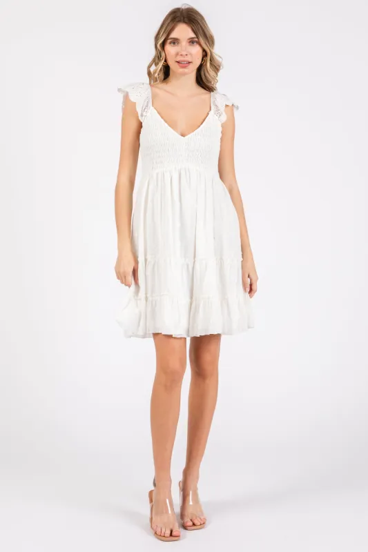 White Textured Polka Dot Eyelet Shoulder V-Neck Dress sold by Pinkblush