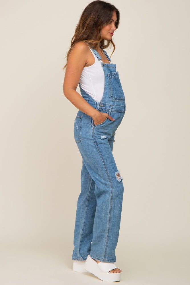 Blue Medium Wash Distressed Denim Maternity Overalls sold by Pinkblush product image thumbnail 2