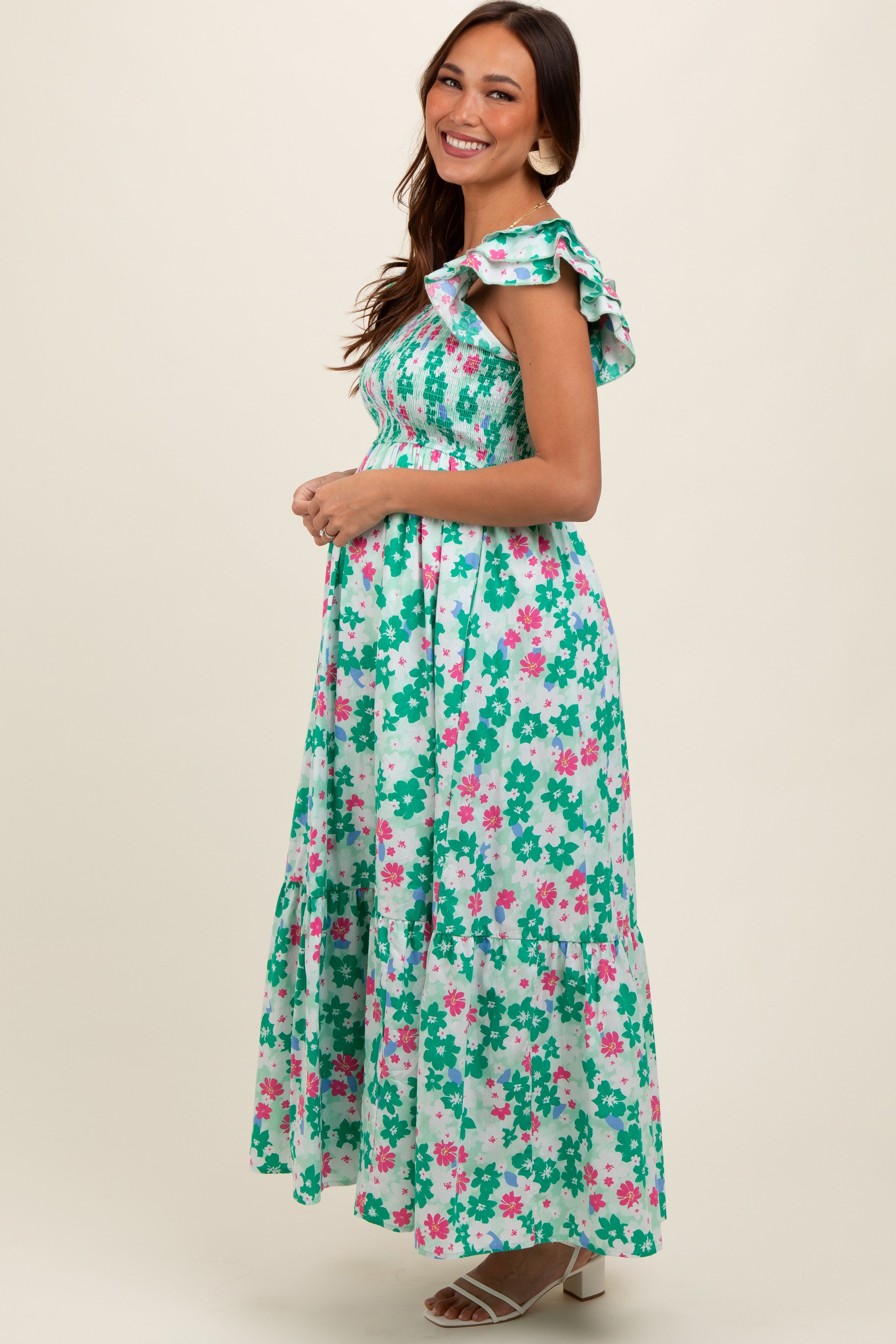 Green Floral Smocked Ruffle Sleeve Maternity Maxi Dress sold by Pinkblush product image thumbnail 3
